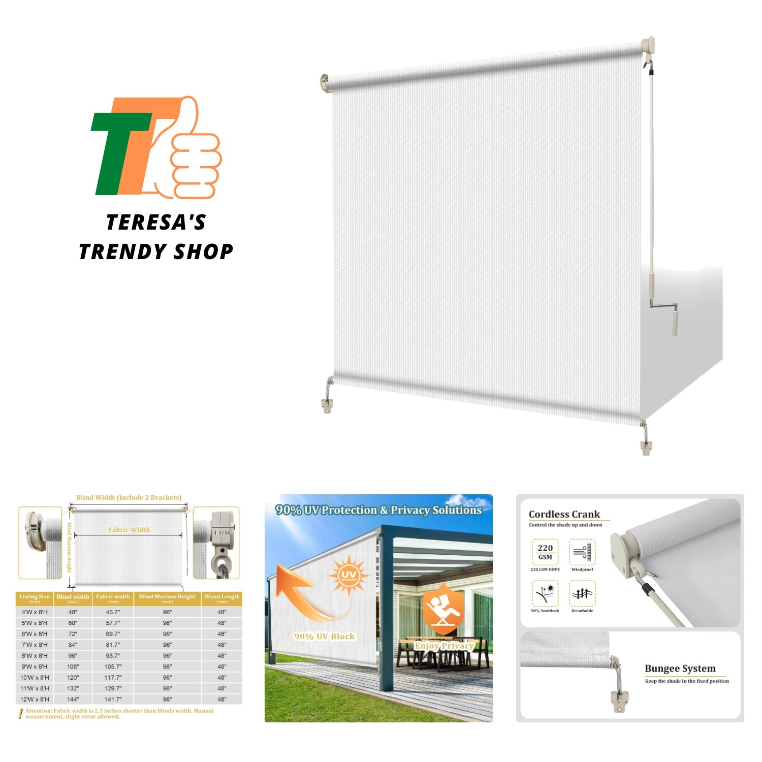 Stylish 10′ W x 8′ H Cordless Outdoor Roller Shades for Perfect Privacy & Shade