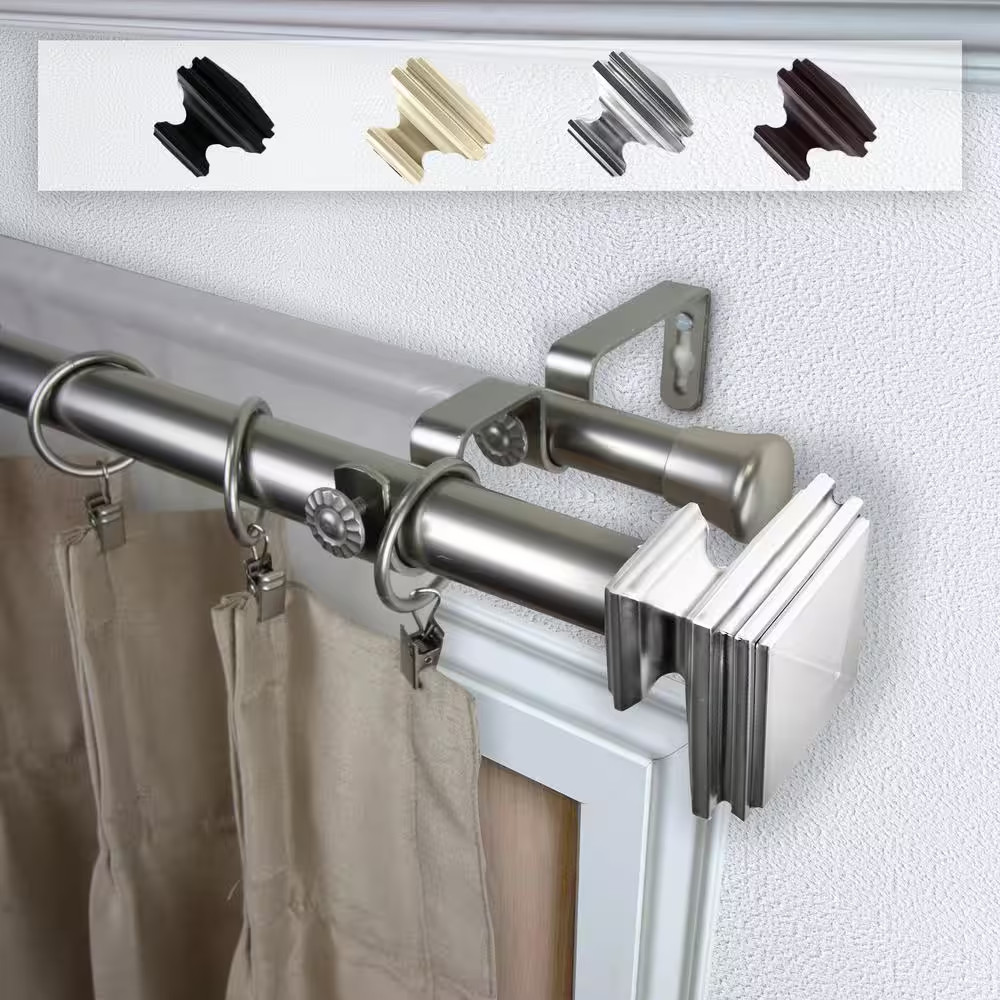 Bedpost 66 In. – 120 In. Double Curtain Rod in Satin Nickel with Finial