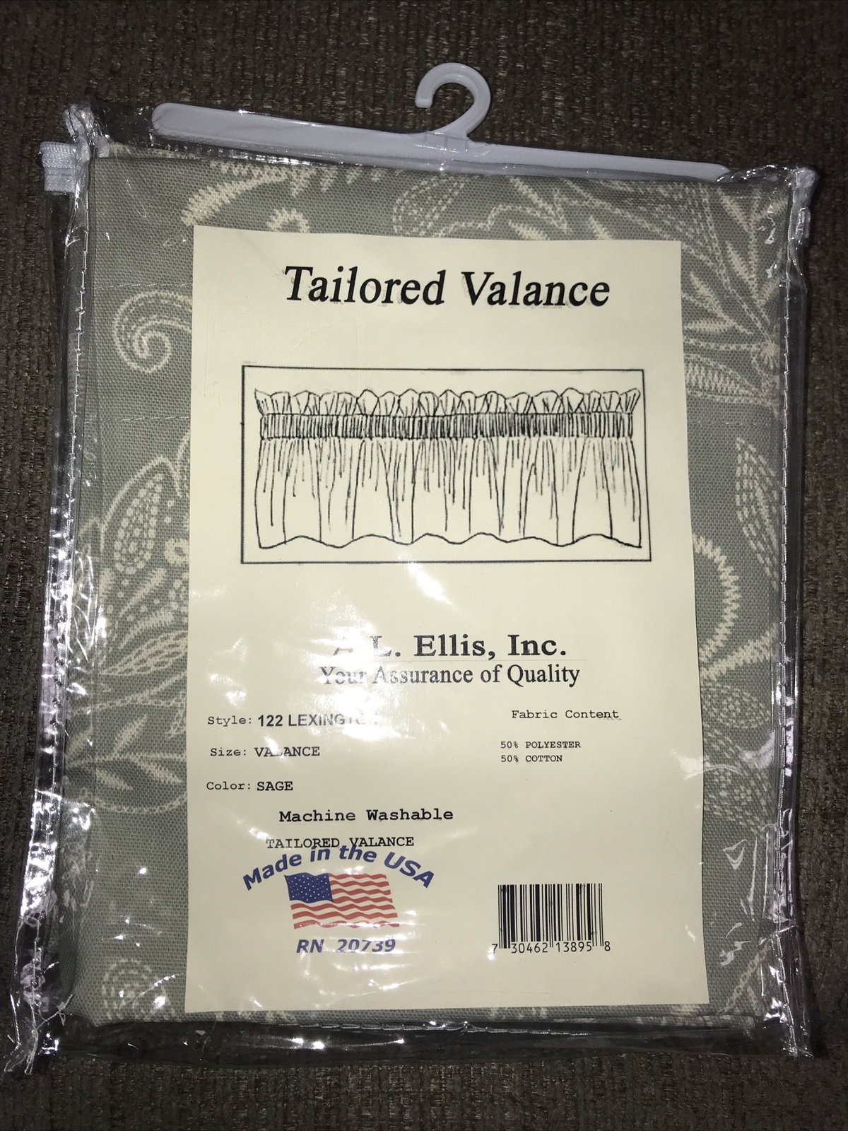 A.L.Ellis,Inc Tailored Curtain Valance Sage &cream 122 Lexington Made USA