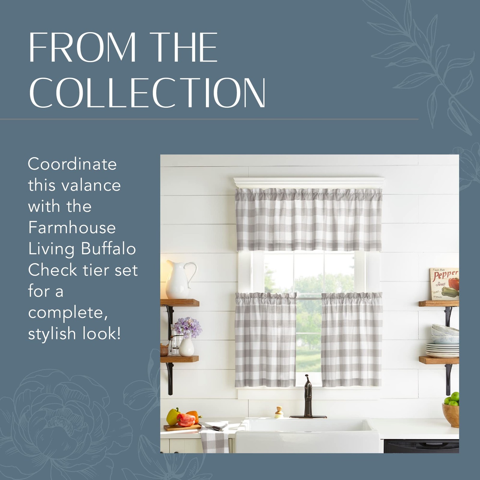 Farmhouse Living Buffalo Check Window Valance, Gray/White – 60″ W x 15″ L