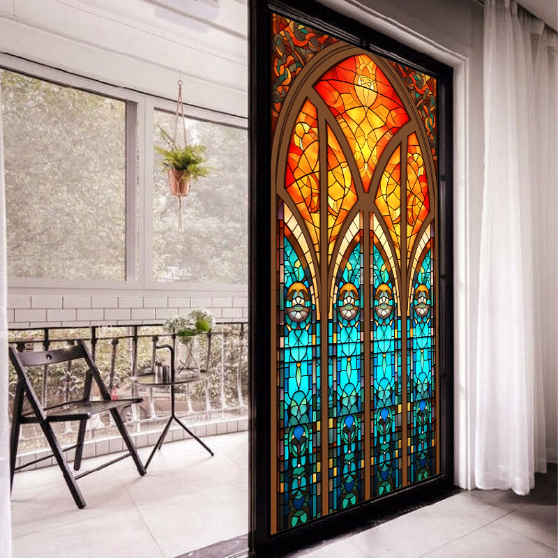 US Vintage Stained Glass Film Cling Window Sticker Home Bathroom Door Decor
