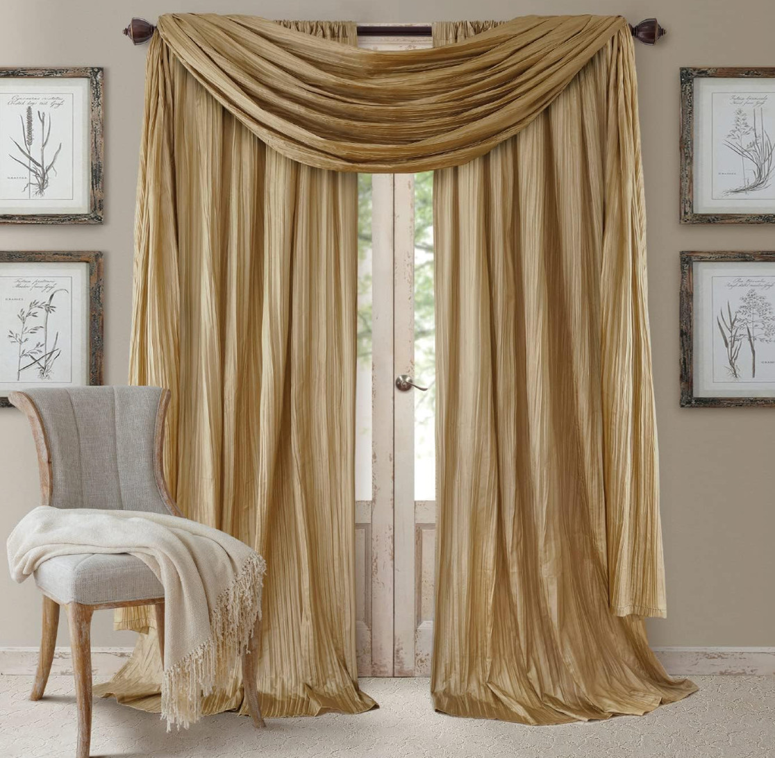 Set 2 Gold Faux Silk Curtains Panels Drapes Pair WITH SCARF 84 in & Valance NEW
