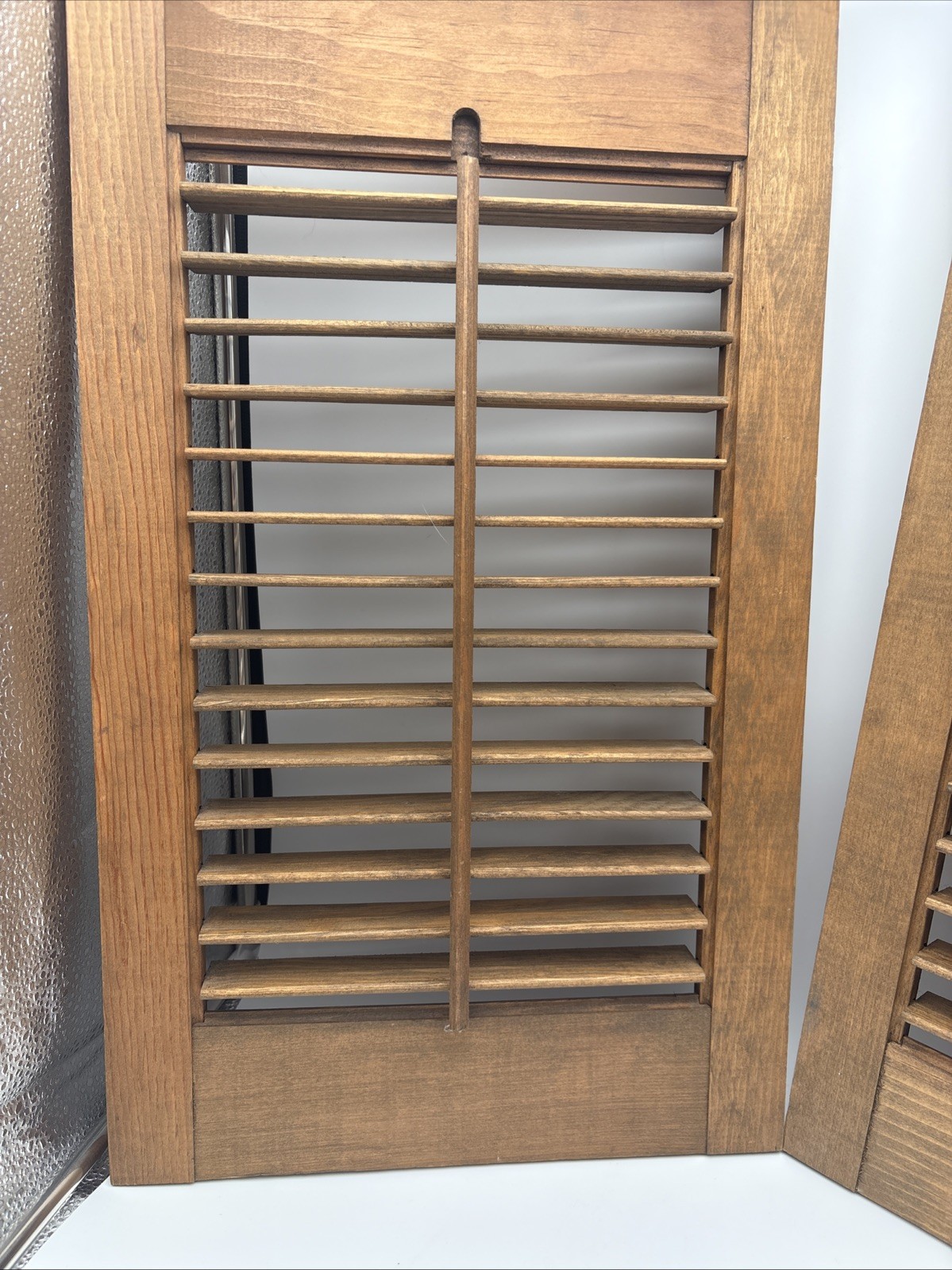 2 OLD Brown Wood Shutter Panels Movable Louver Slats ~ 12” X 20”