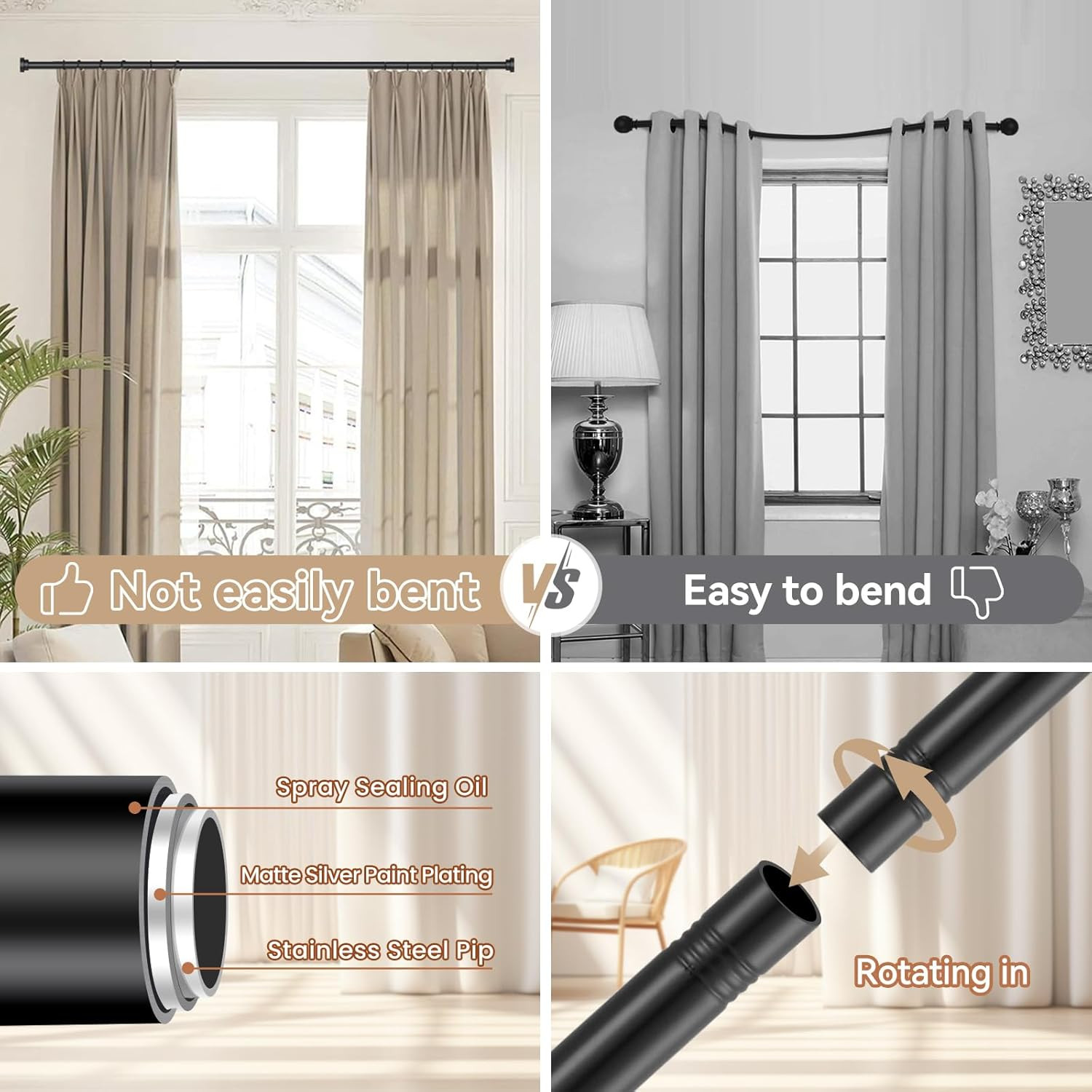 Black Curtain Rods for Windows 28 to 48 Inch(2.3-4Ft), 2 Pack 5/8 Inch Diameter