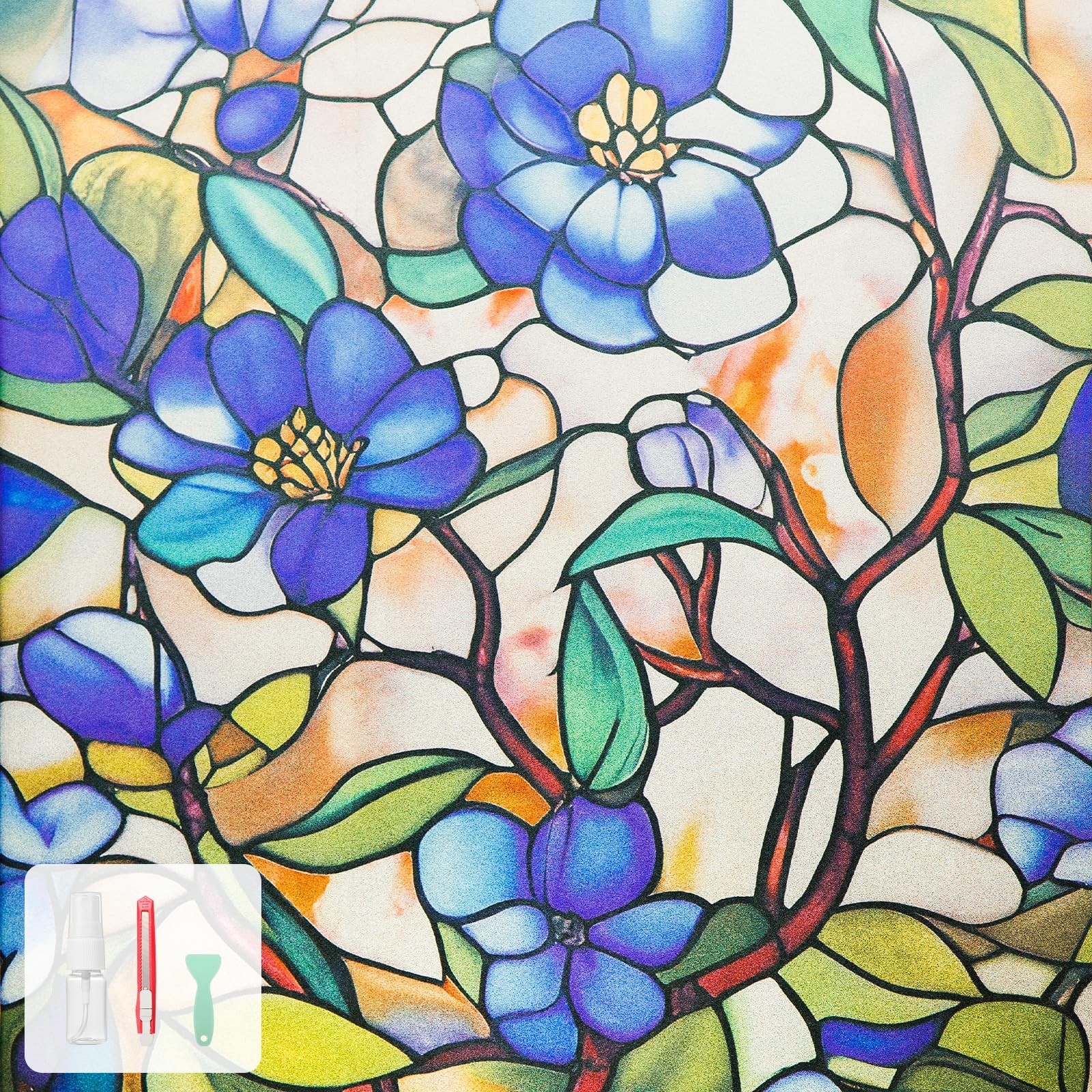 Stained Glass Style Floral Window Film, 24 x 36, Glazed Blue, UV Protection