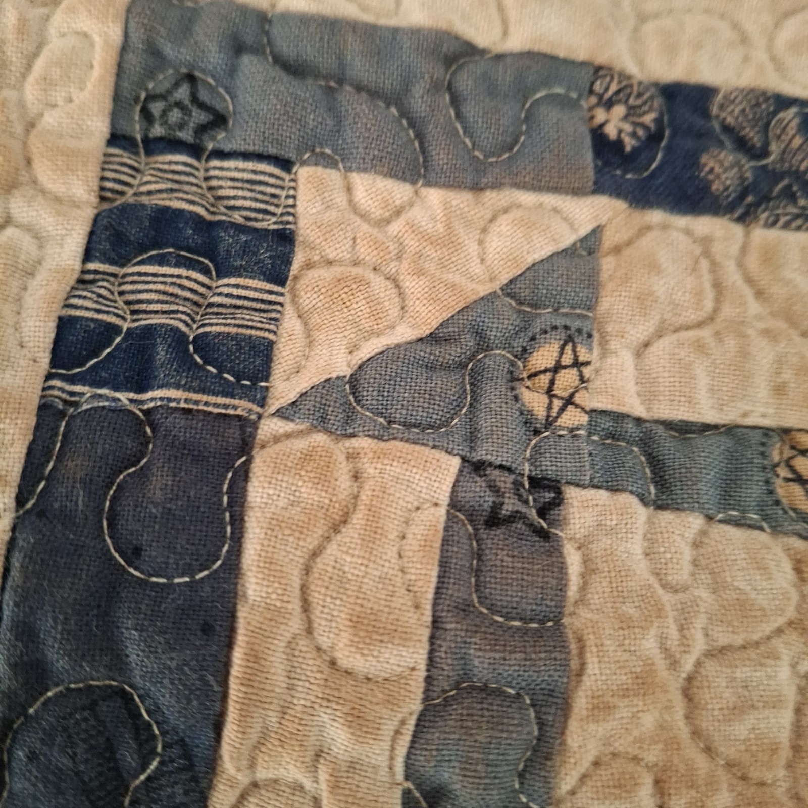 Handmade Quilted wall hanging Table Runner cottagecore navy Tan 19×8″ Patchwork