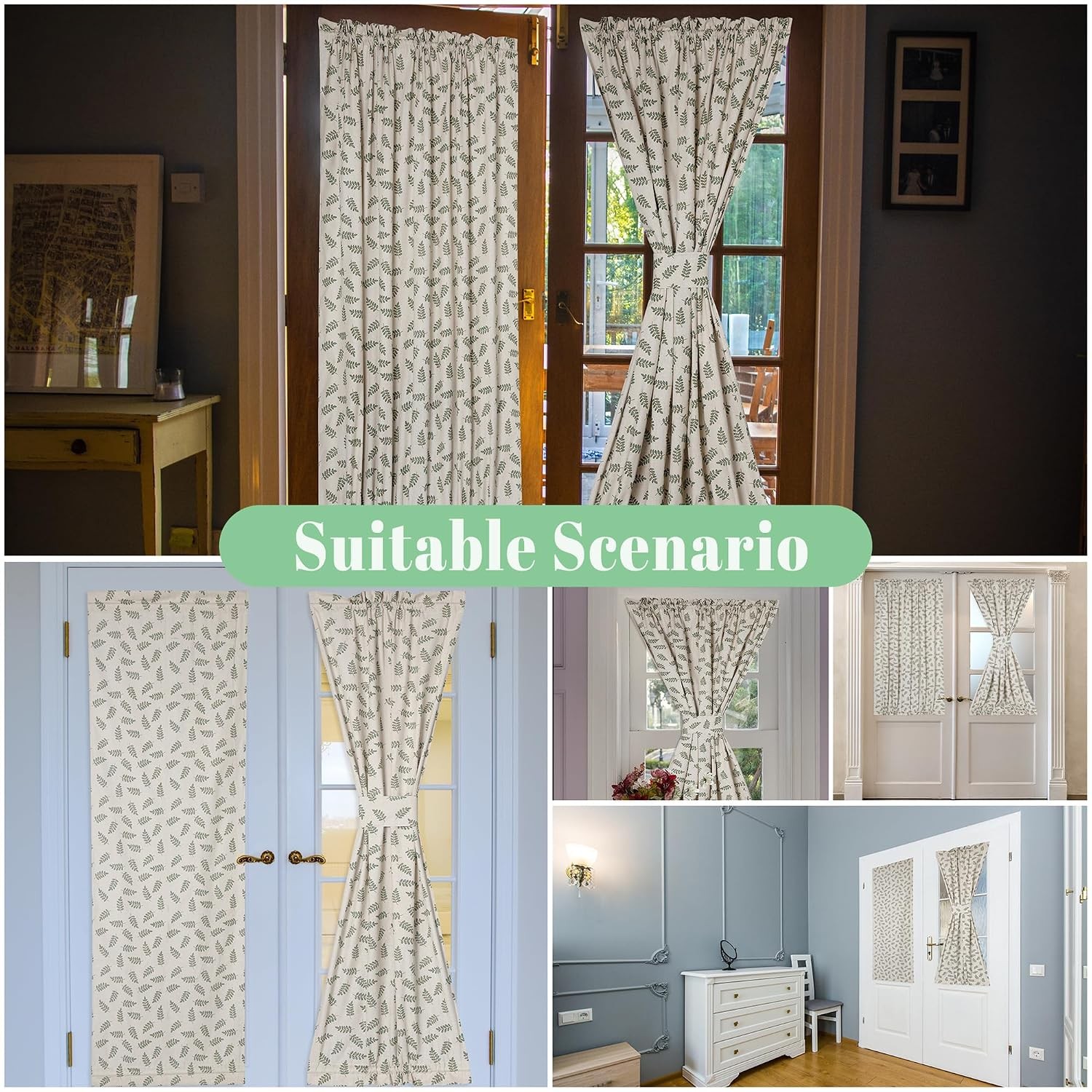 Olive Leaf Linen French Door Curtain Set 54″W x 72″L Country Style Window