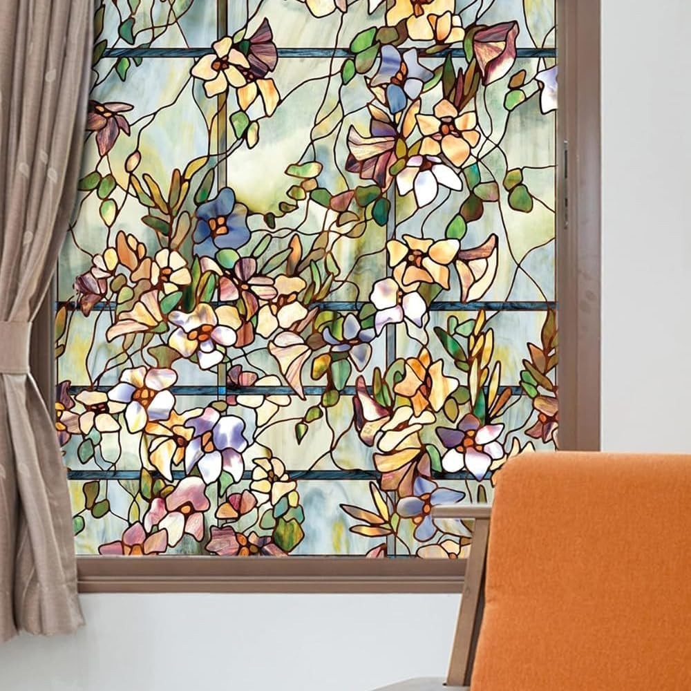 Trellis | Privacy Window Film with Vibrant Colored Pattern | Non-Adhesive & U…