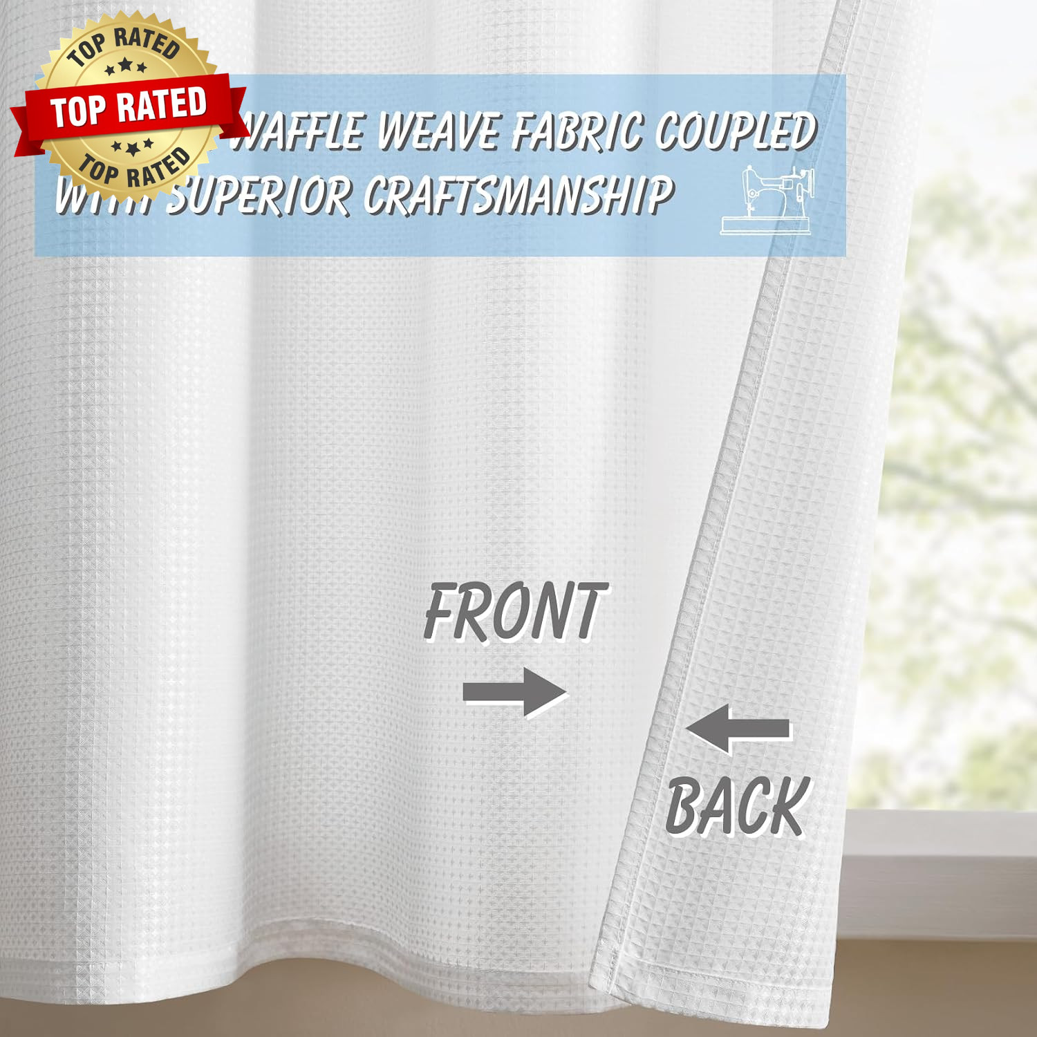 White Waffle Bathroom Window Curtains, 24 W X 36 L Inch Each | Water Repellent,