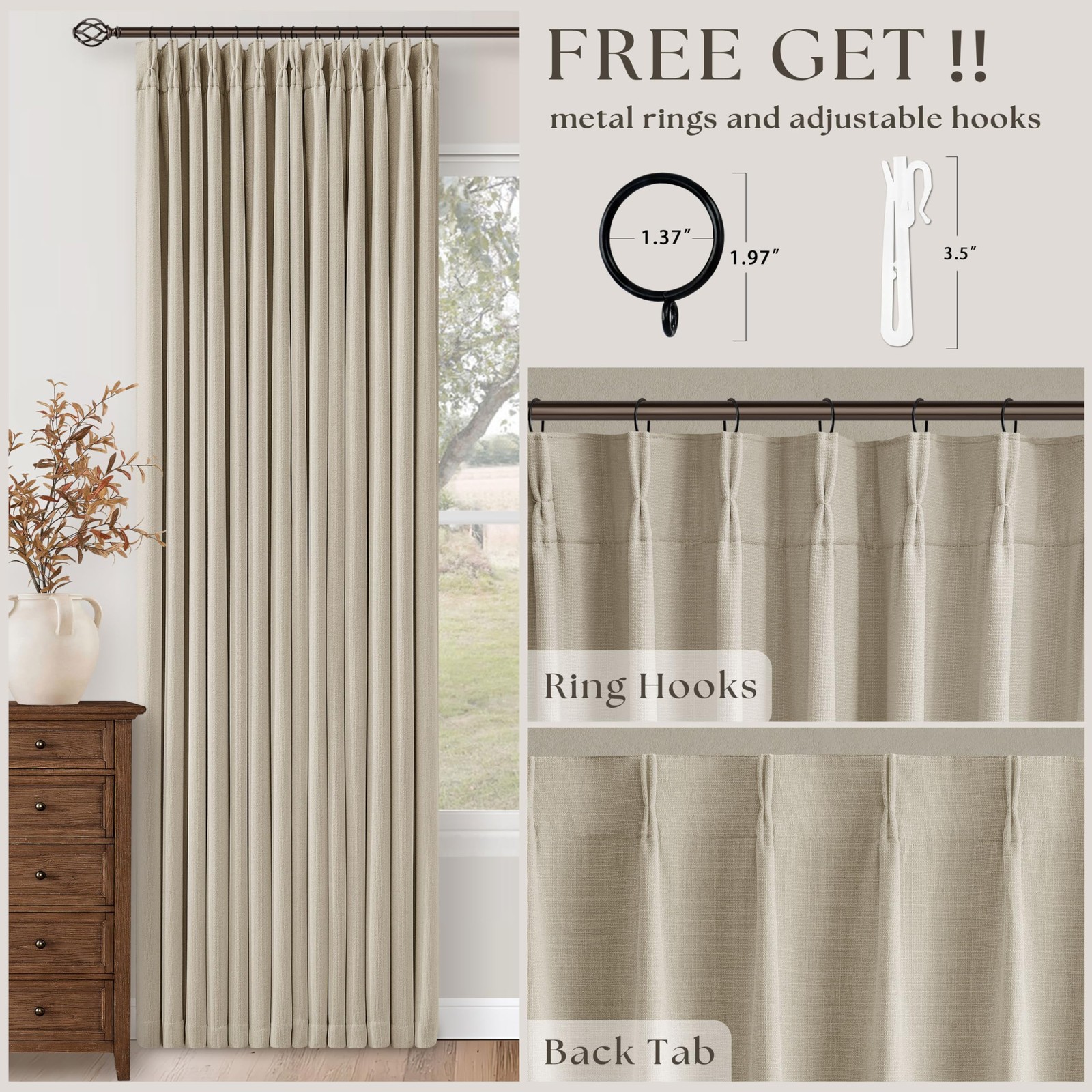 102 Inch Blackout Linen Pleated Curtains for Bedroom Living Room Darkening Pi…