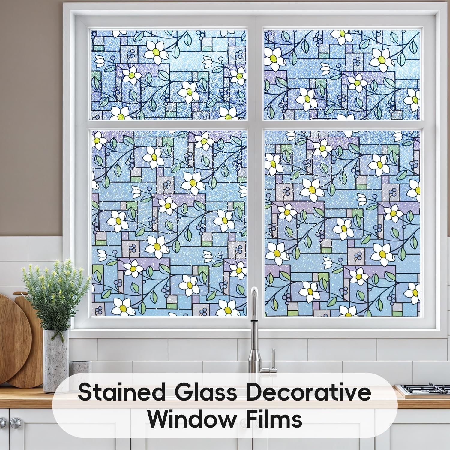 DUOFIRE Stained Glass Window Film Color Flower 17.4 x 78.7 inches, Dp003-1