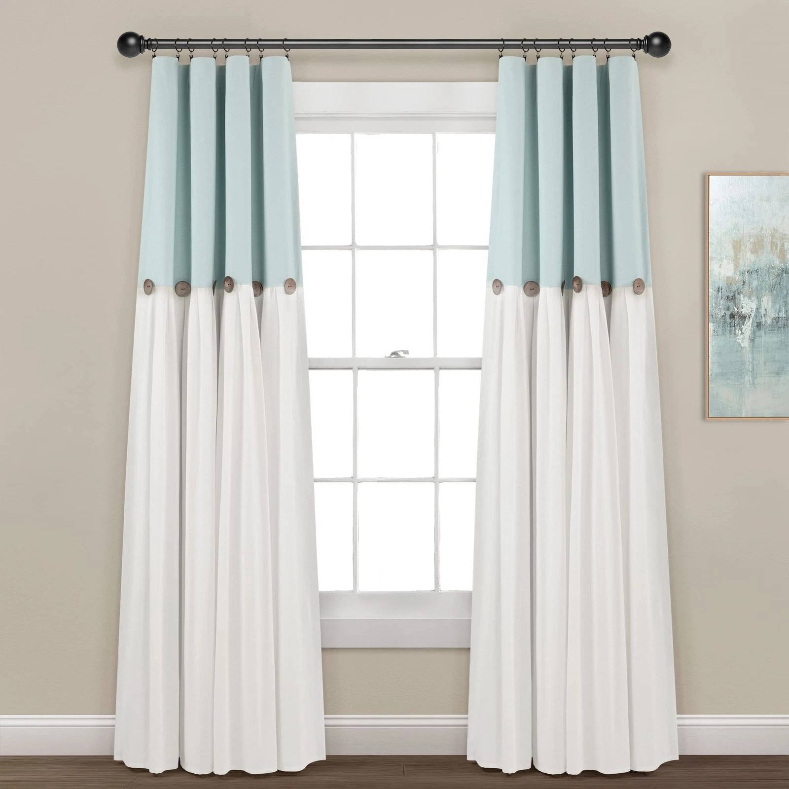 Linen Button Window Curtain Panel, Single, 40″ W x 84″ L, Blue & White