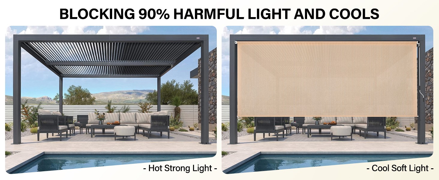 Outdoor Roller Shades 6′ W x 8 L (72″ W x 96″ H), Cordless Patio Shades Roll Up
