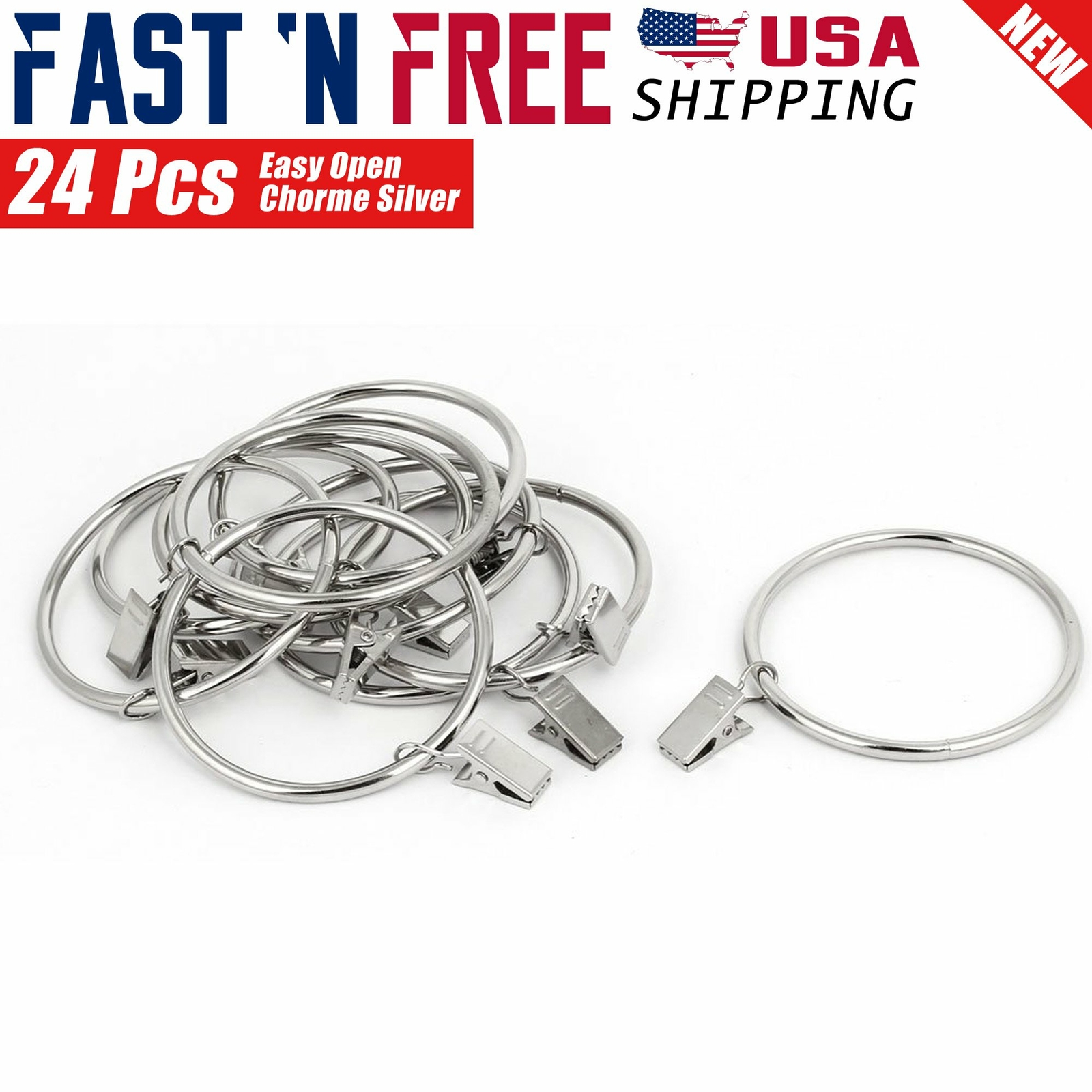 24 Pcs 1.5″ inch Openable Metal Curtain Rings with Strong Clips Chrome Silver
