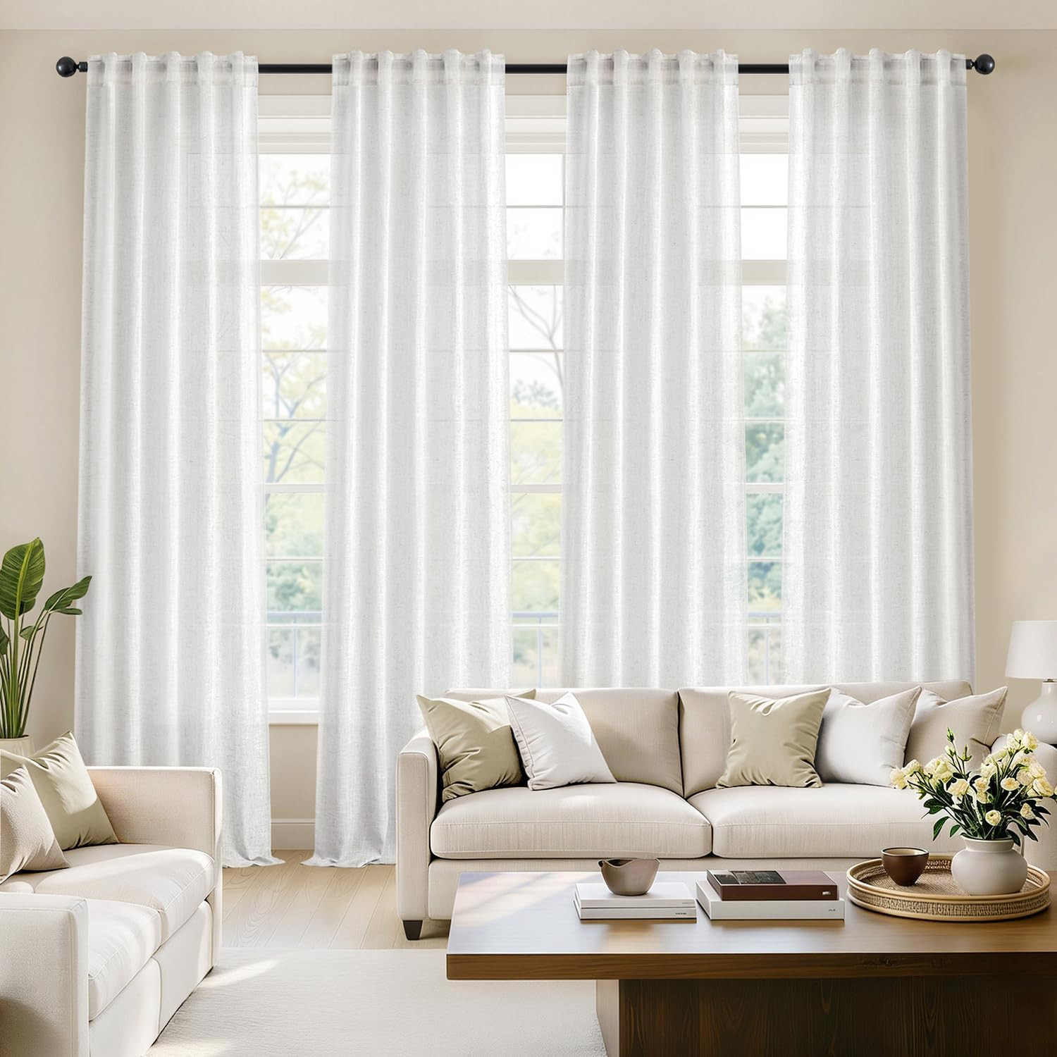 MIULEE White Linen Curtains 84 Inch Long 4 Panels Light Filtering Window Drapes