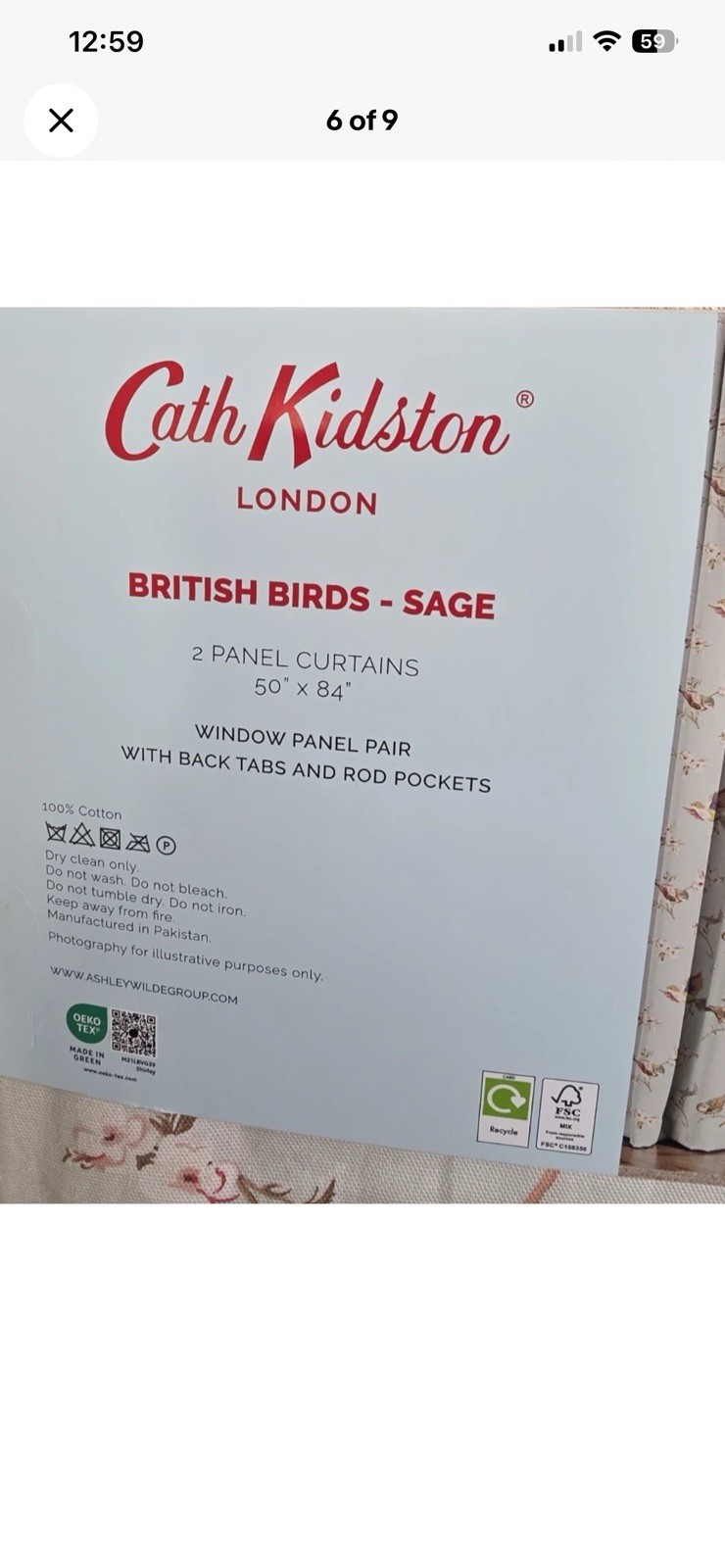 NEW CATH KIDSTON British BIRDS Garden Floral Sage 100%Cotton Curtains 50×84 Pair
