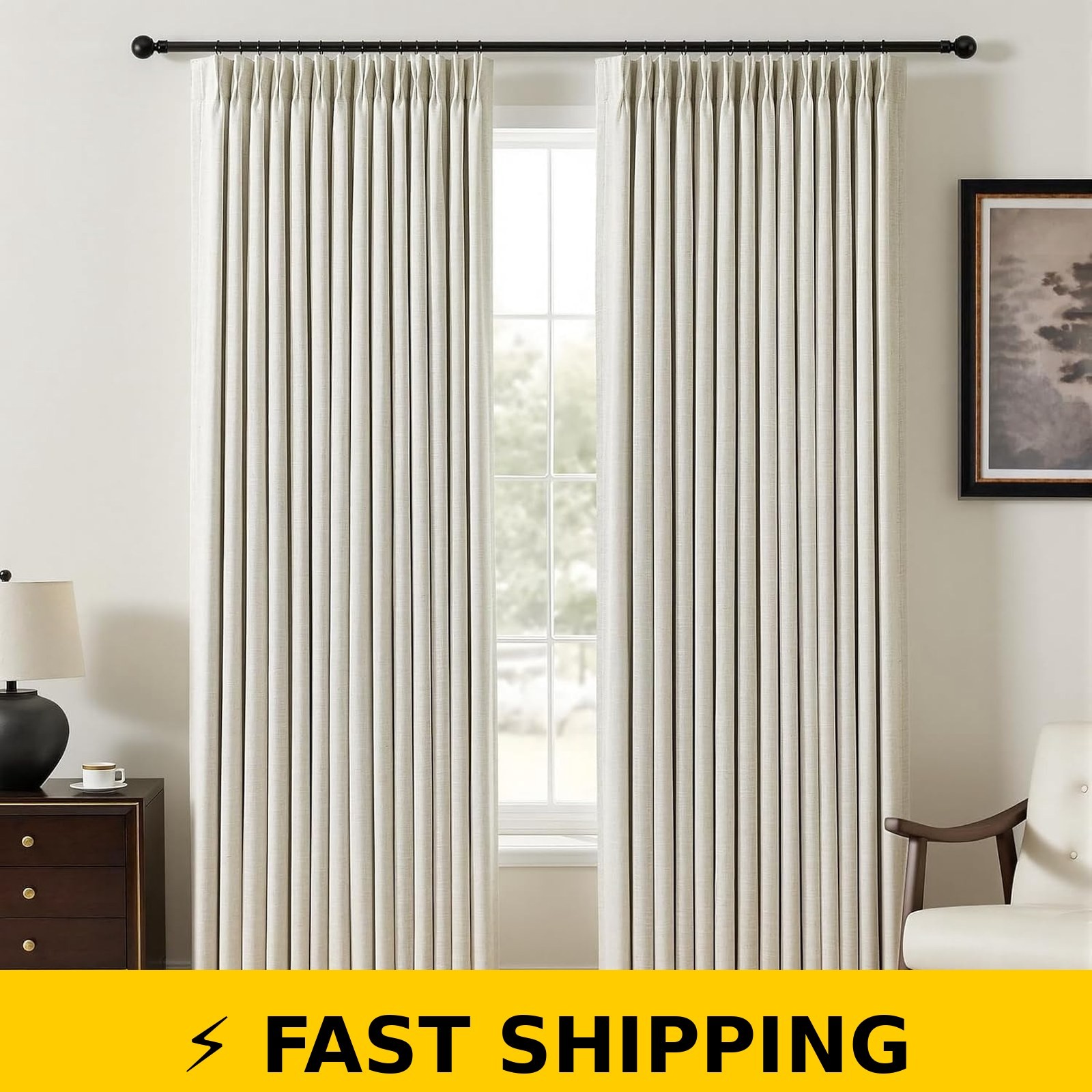 NALQET 100% Blackout Pinch Pleated Curtains 90″ Long Natural