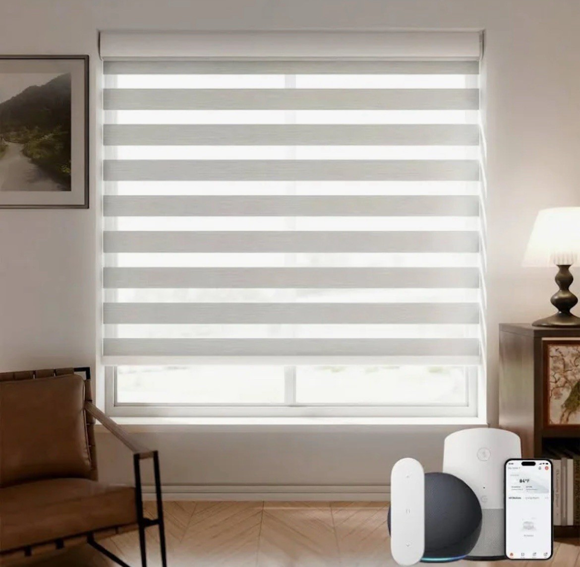 Motorized Cordless Smart Zebra Roller Blind, White/Gray Striped 46 x 72”