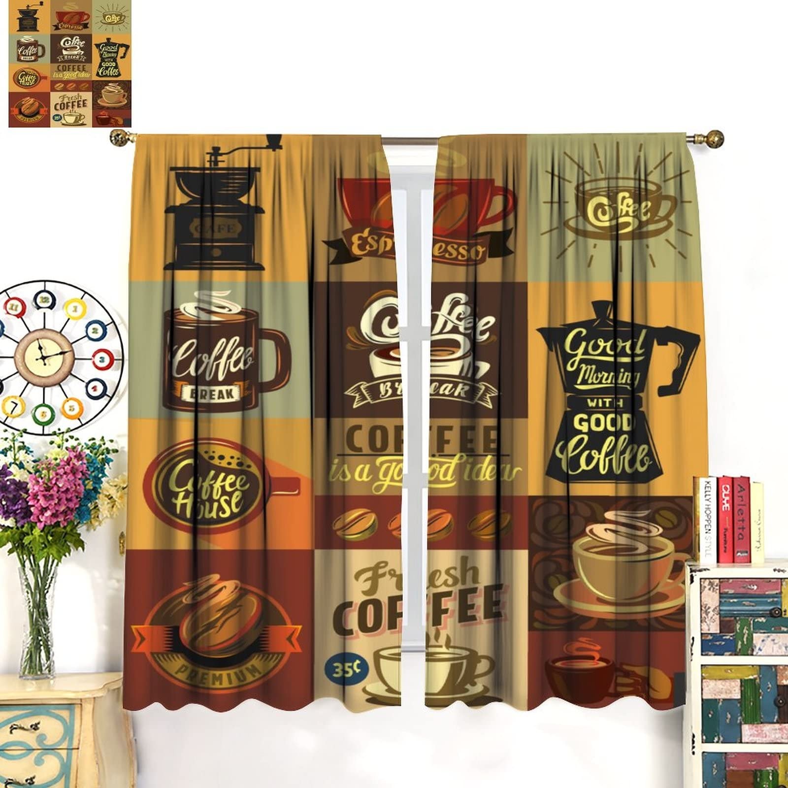 Vintage Coffee Theme Kitchen Cafe Curtains – 2 Panels, 42 x 45 Inch, Room Dar…