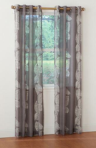 Bali Dark Silver/Gray Faux Silk Grommet Burn-Out Leaf Sheer Panels 84″ Set of 2