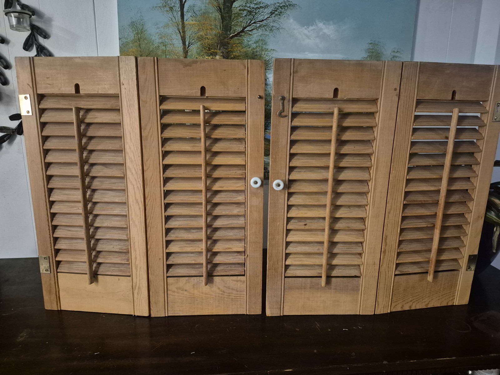 Vintage Plantation Window Shutters Set 20” Tall 18”W Wood Interior Louver Brown