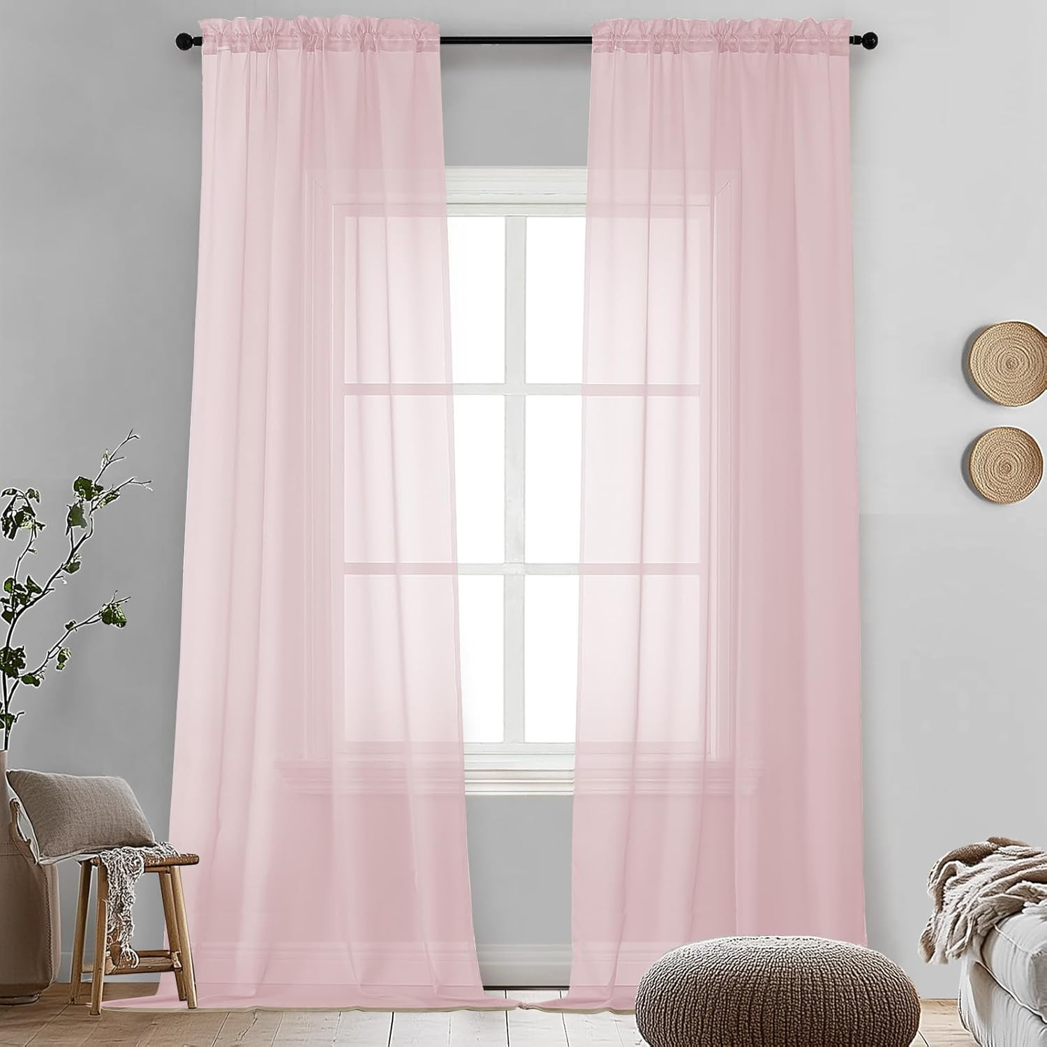 Blush Pink Sheer Curtains 96 Inches Long 2 Panels – Soft Light Filtering Window