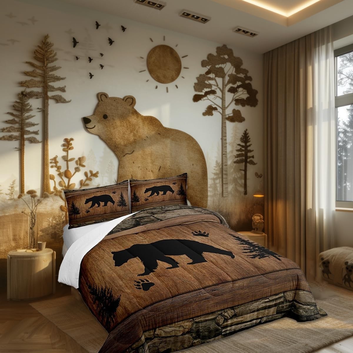 Rustic Bear Comforter Set Queen Size,Wild Animal Queen, Brown