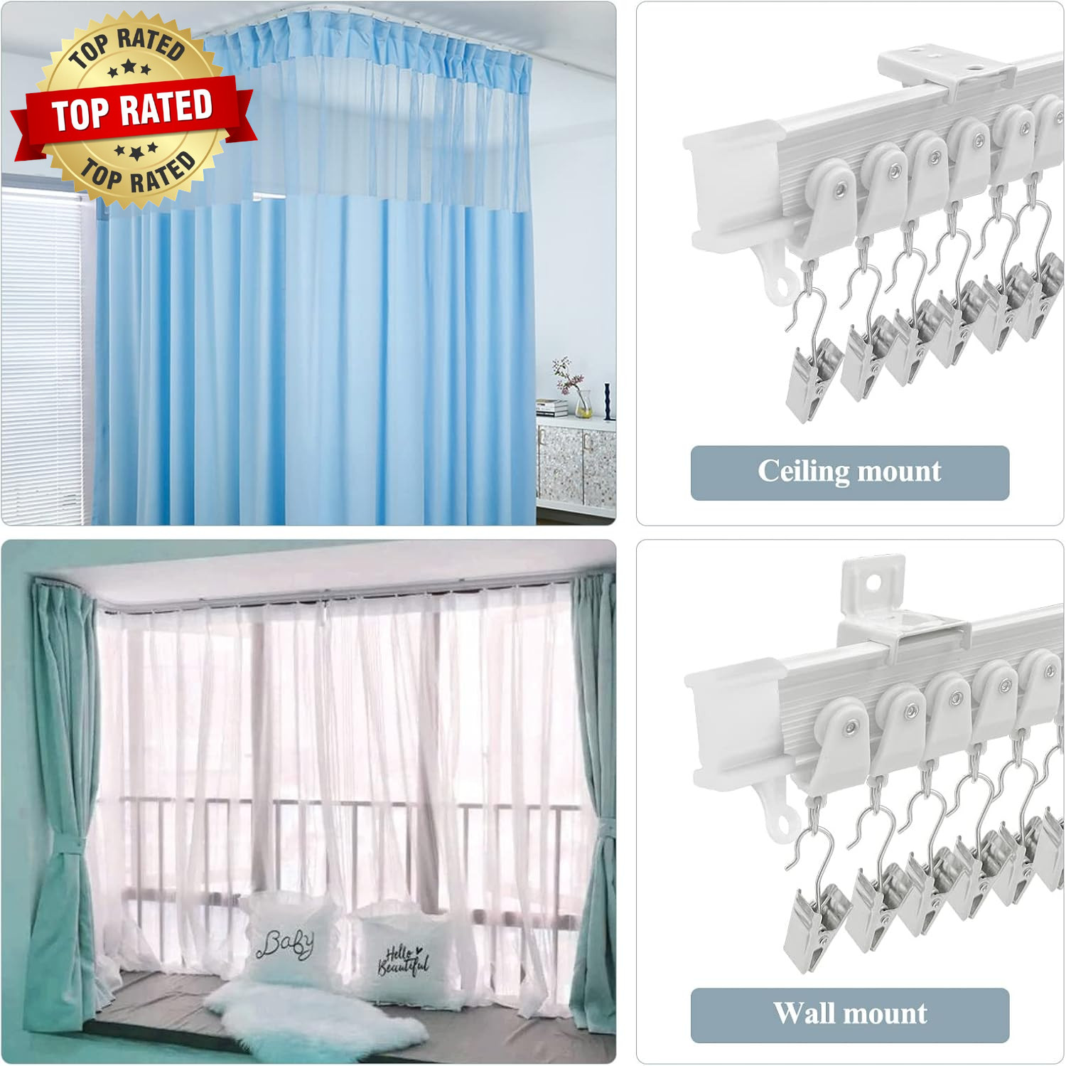 Ceiling Curtain Track, Flexible Bendable Curtain Rail System, 20Ft Wall Mount He