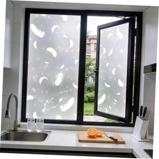 Frosted Glitter Feather Window Privacy Film, 78.5″ L x 17.5″ W, Decorative Non