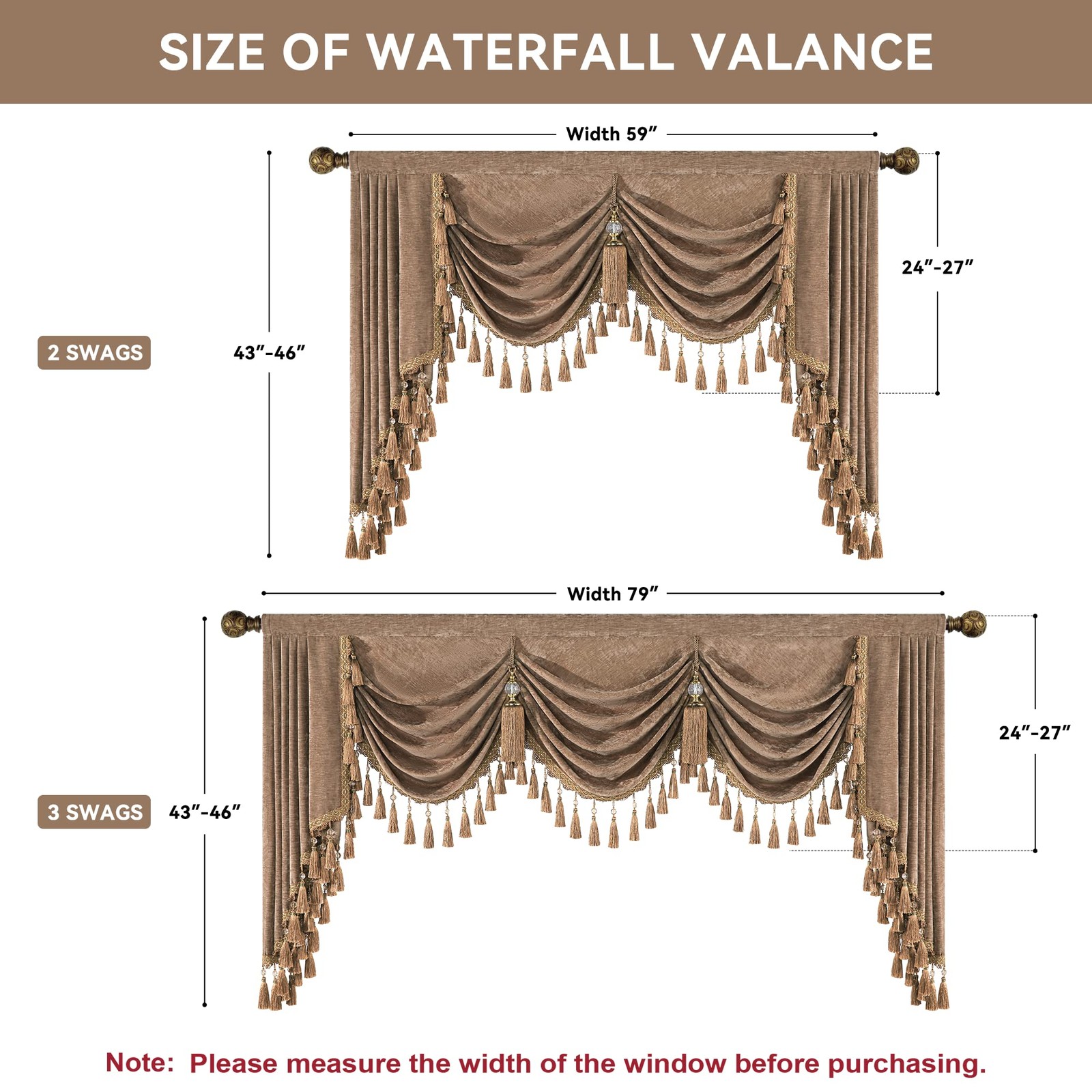 Thick Chenille Waterfall Valance for Living Room, Luxury Swag Valances with