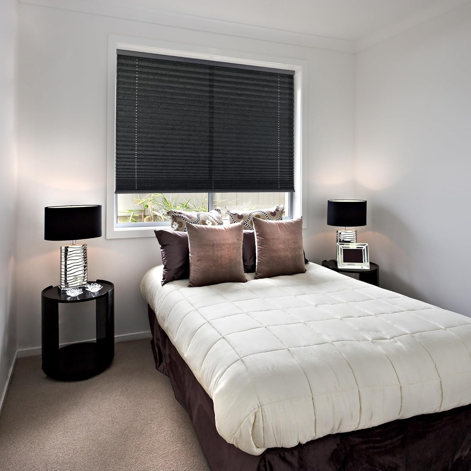Window Shade 24×72 Cordless Pleated Fabric Light Filtering Black Polyester