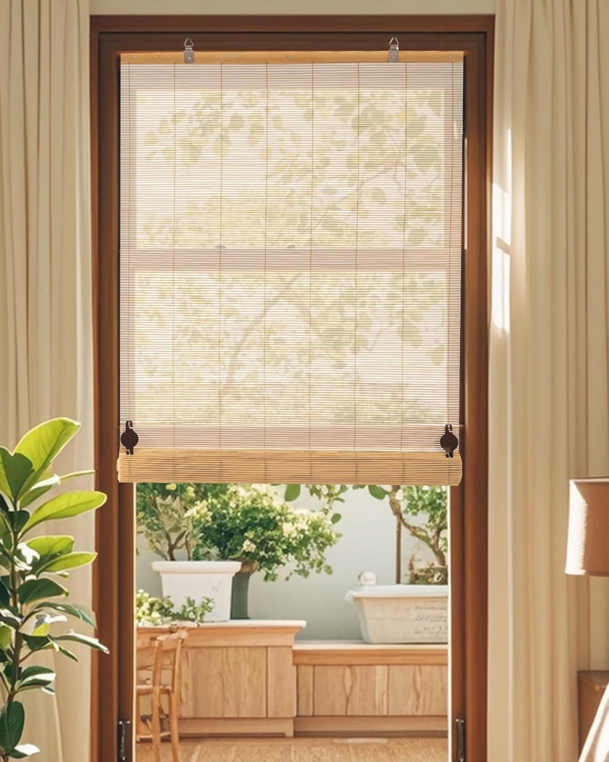 32”W X 72”H Cordless Bamboo Roman Shades, Light Filtering Roll Up Bamboo Match