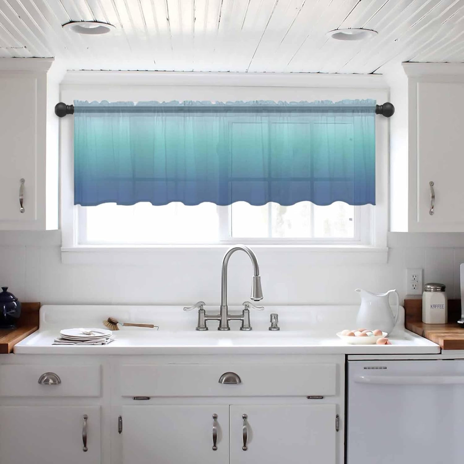 Teal Blue Ombre Sheer Valance, Modern Abstract Art 60″X18″ Light Filtering Kitch