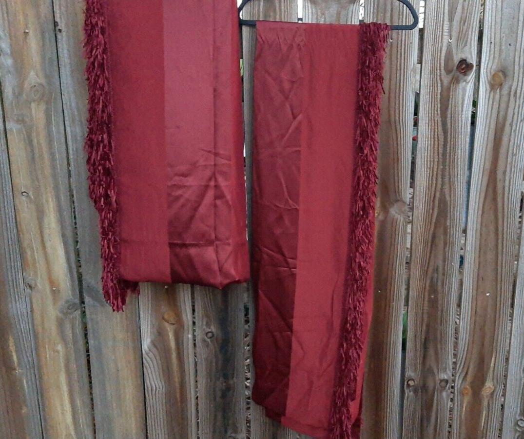 CHRIS MADDEN JCP RUST RED STRIPED CURTAIN PANELS , FRINGE TRIM ~ 3 PANELS Read
