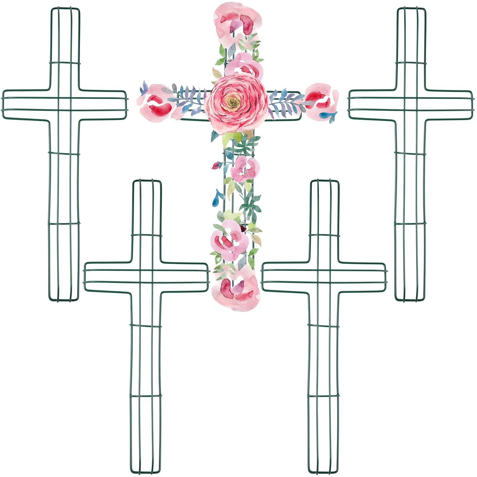 Sieral 5 Pcs Cross Metal Wreath Frame Floral Garden 16 x 7 Inches, Green