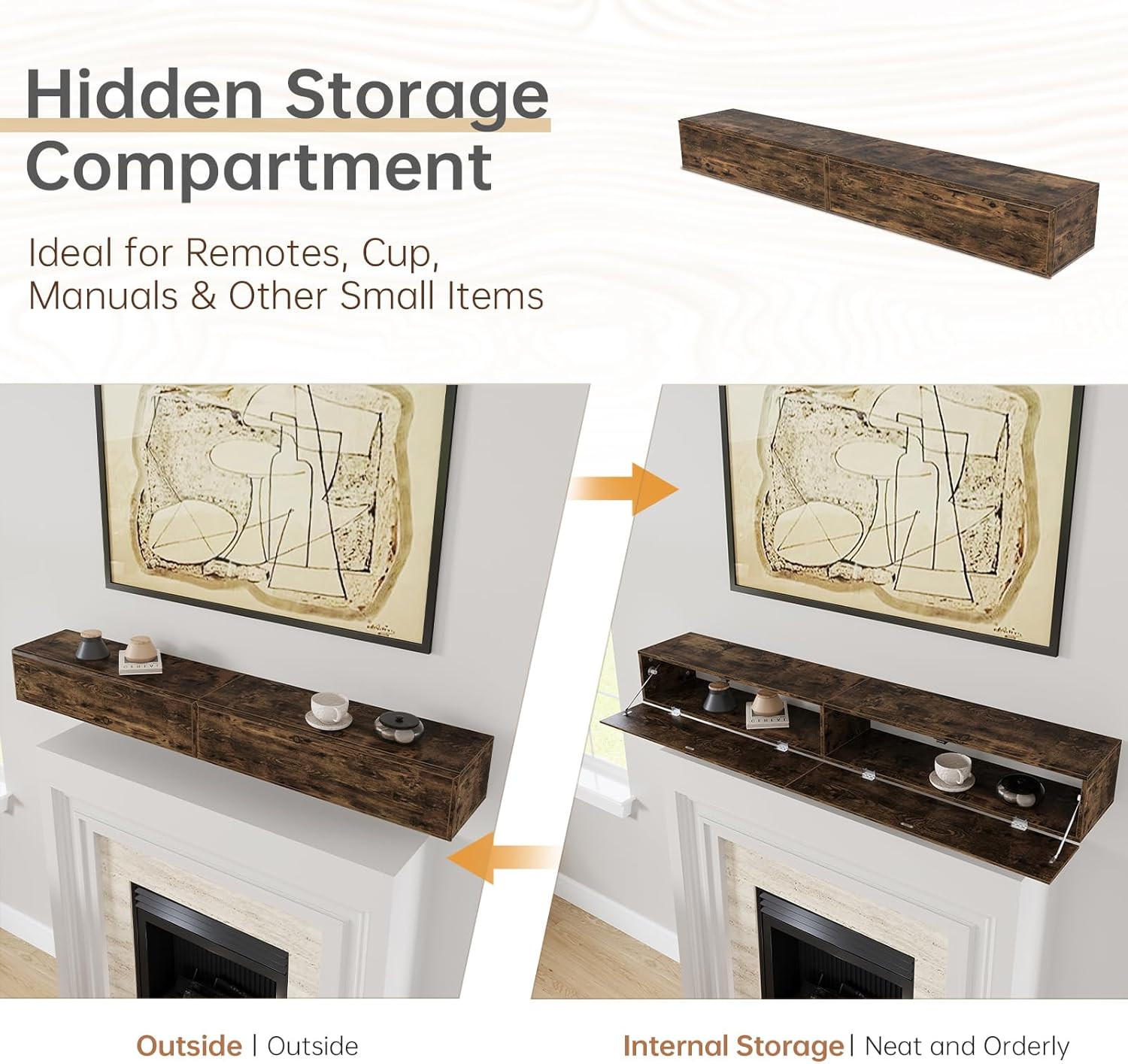 72″ Rustic Floating Mantel Shelf with Hidden Storage – Brown MDF