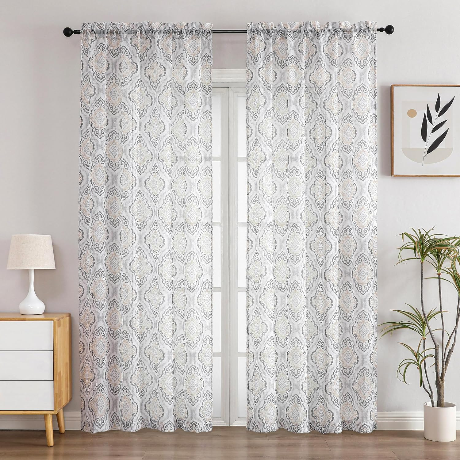 Printed Sheer Curtains 84 Inches Long 2 Panels Set, Light Filtering Crinkle Crus