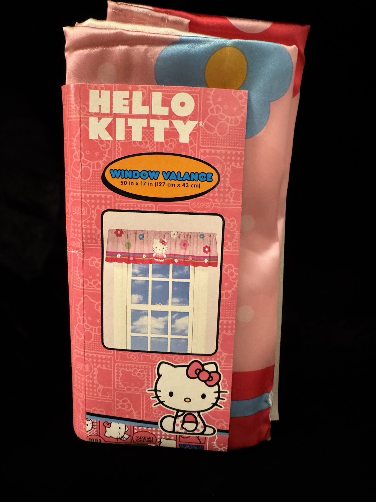Hello Kitty Curtain Valence Pink Polka Dot Flower Satin 50 in x 17 in