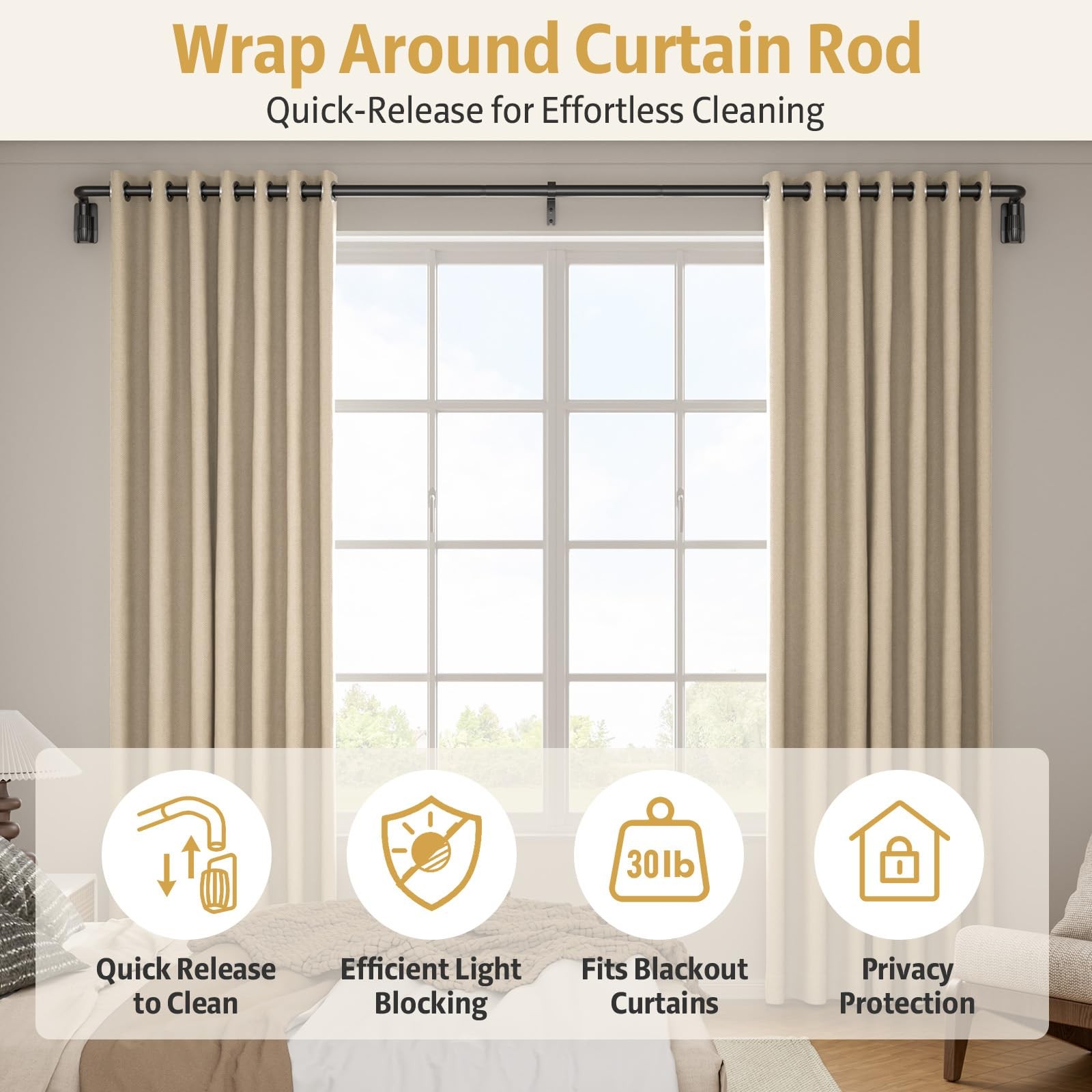 Matte Black 1 Inch Wrap Around Quick Release Blackout Curtain Rod 66 To 153 Inch