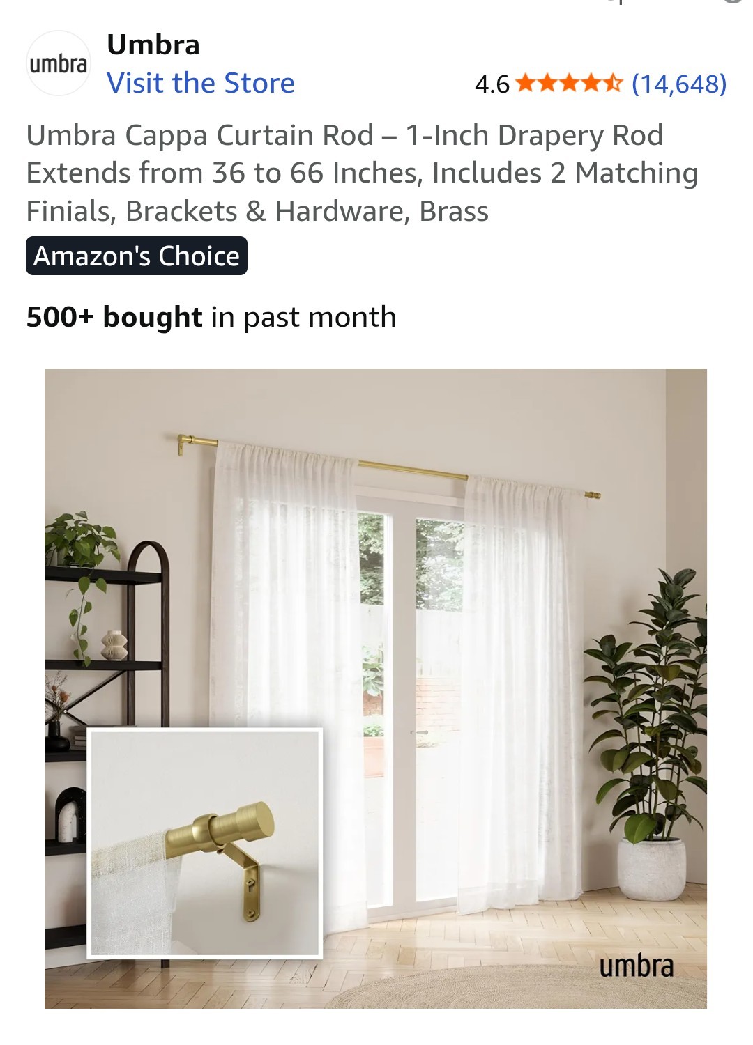 NEW Umbra Cappa Adjustable Curtain Rod 33-66 Inch Modern Brass Design