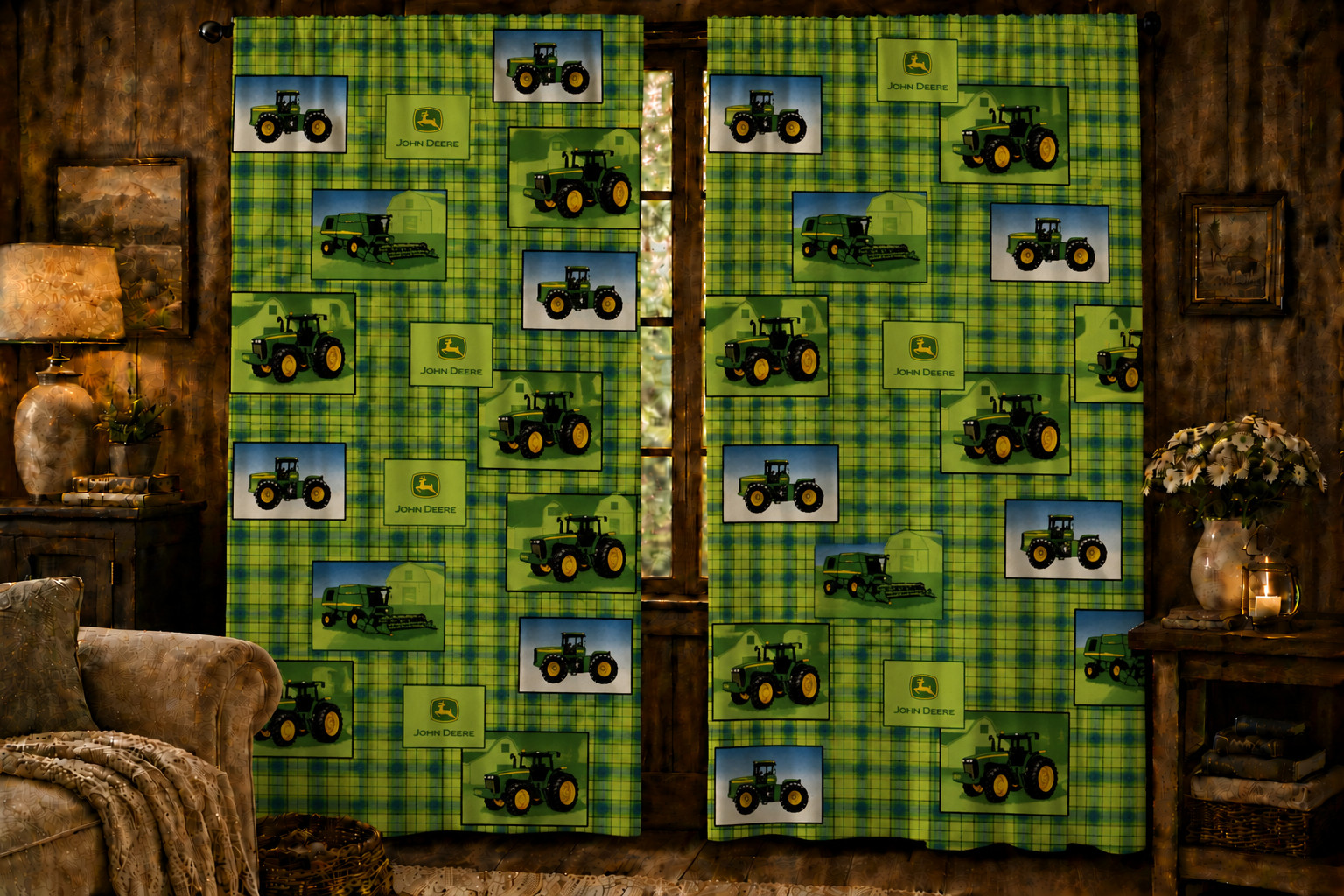 John Deere Plaid Patch Allover Cotton Curtain