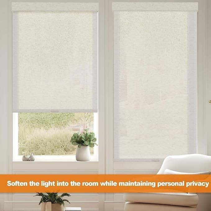 MOTORIZED CREAM Custom Size Light Filtering Cordless Roller Blinds Natural Woven