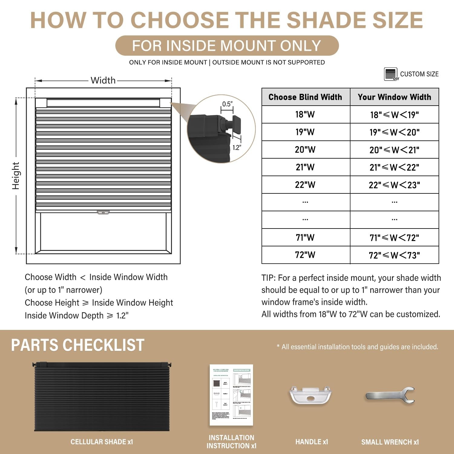 34×48 No Drill Cordless Light Filtering Cellular Shade – Black Window Covering