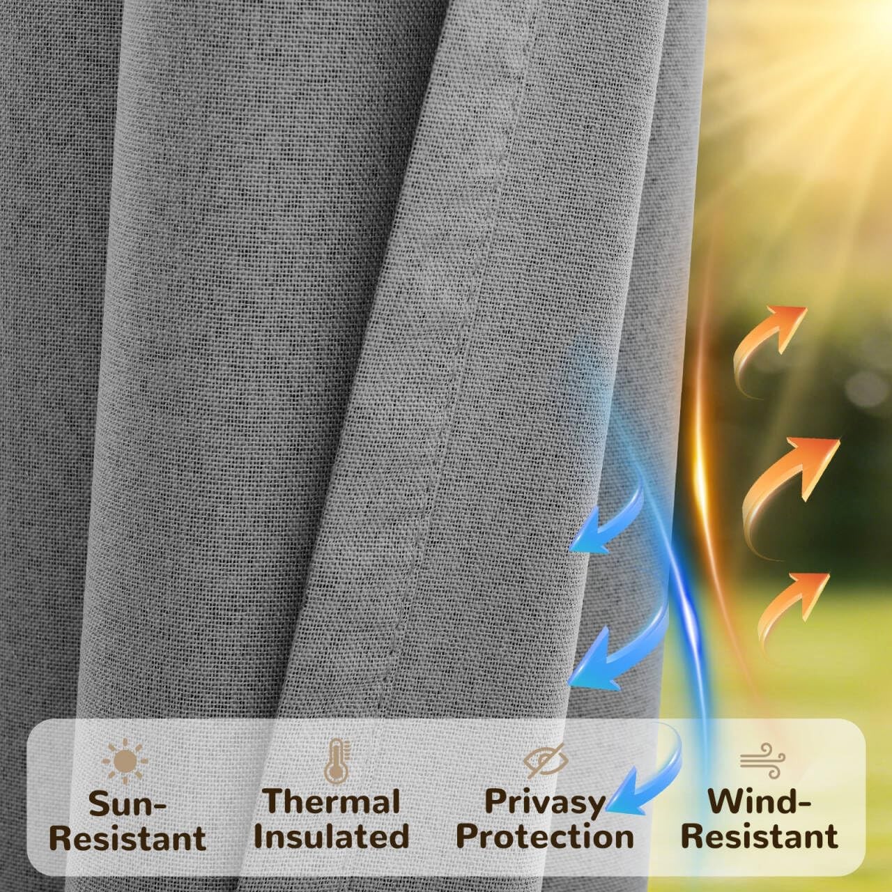 Waterproof Outdoor Linen Curtains with Zipper Windproof Privacy Drape for Gazebo