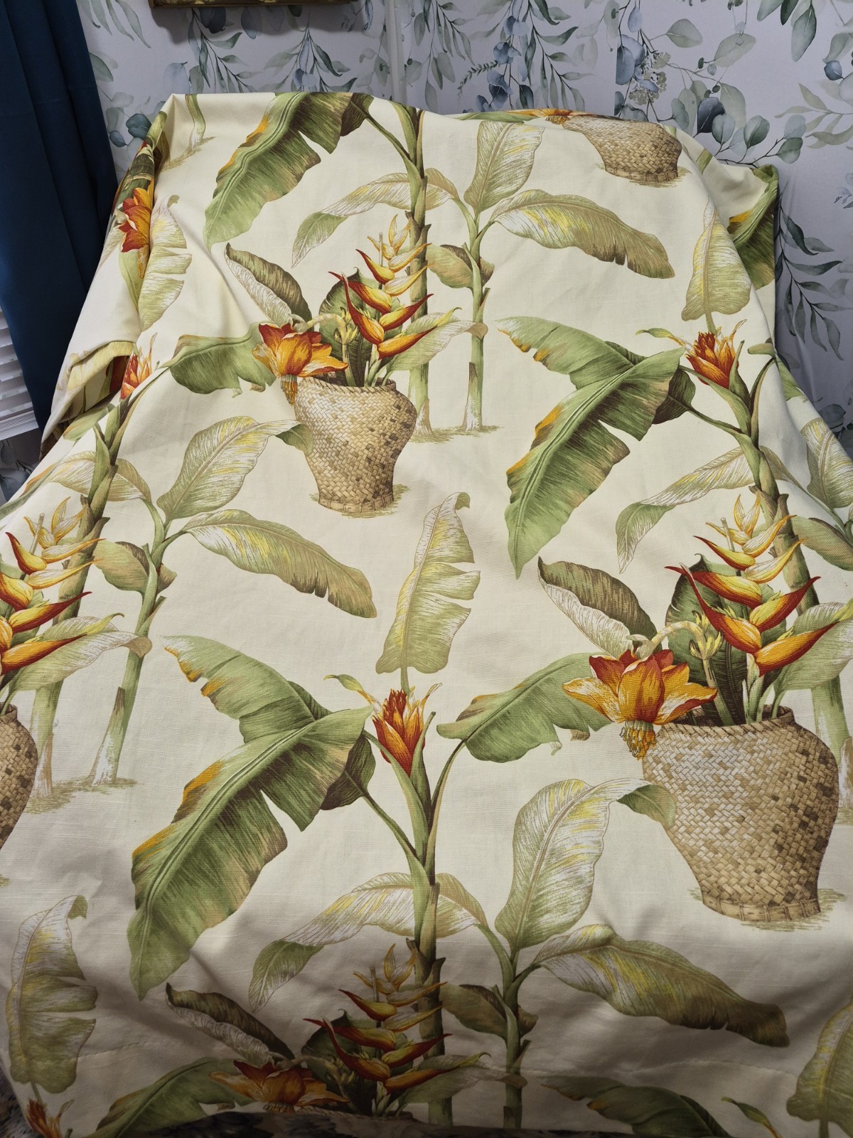 One Vintage 46 X 84 Tropical Palm Banana Leaf Lined Curtain Panel Rod Pocket