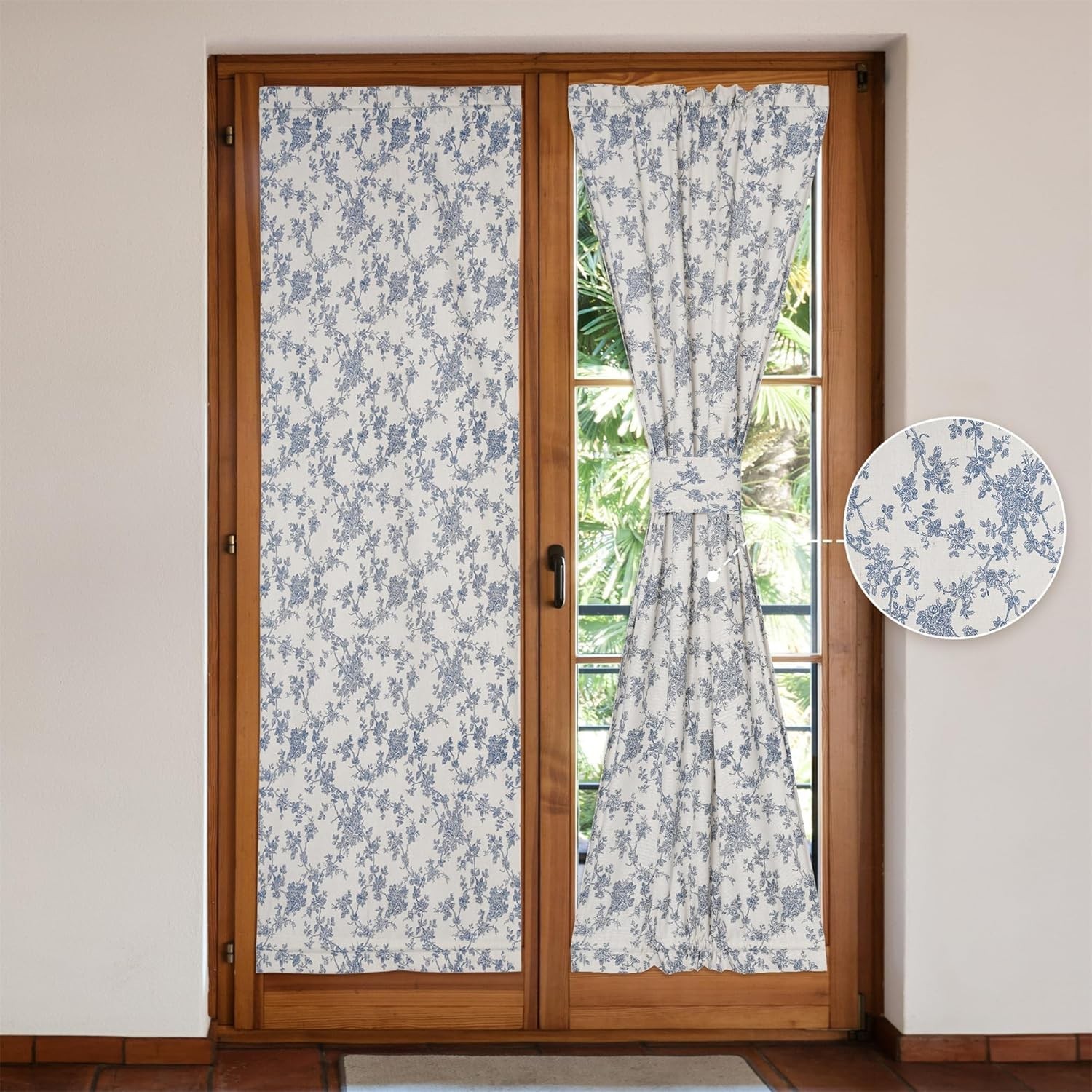 Linen French Door Curtains Set of 2, Elegant Country Style Retro Orchids Front D