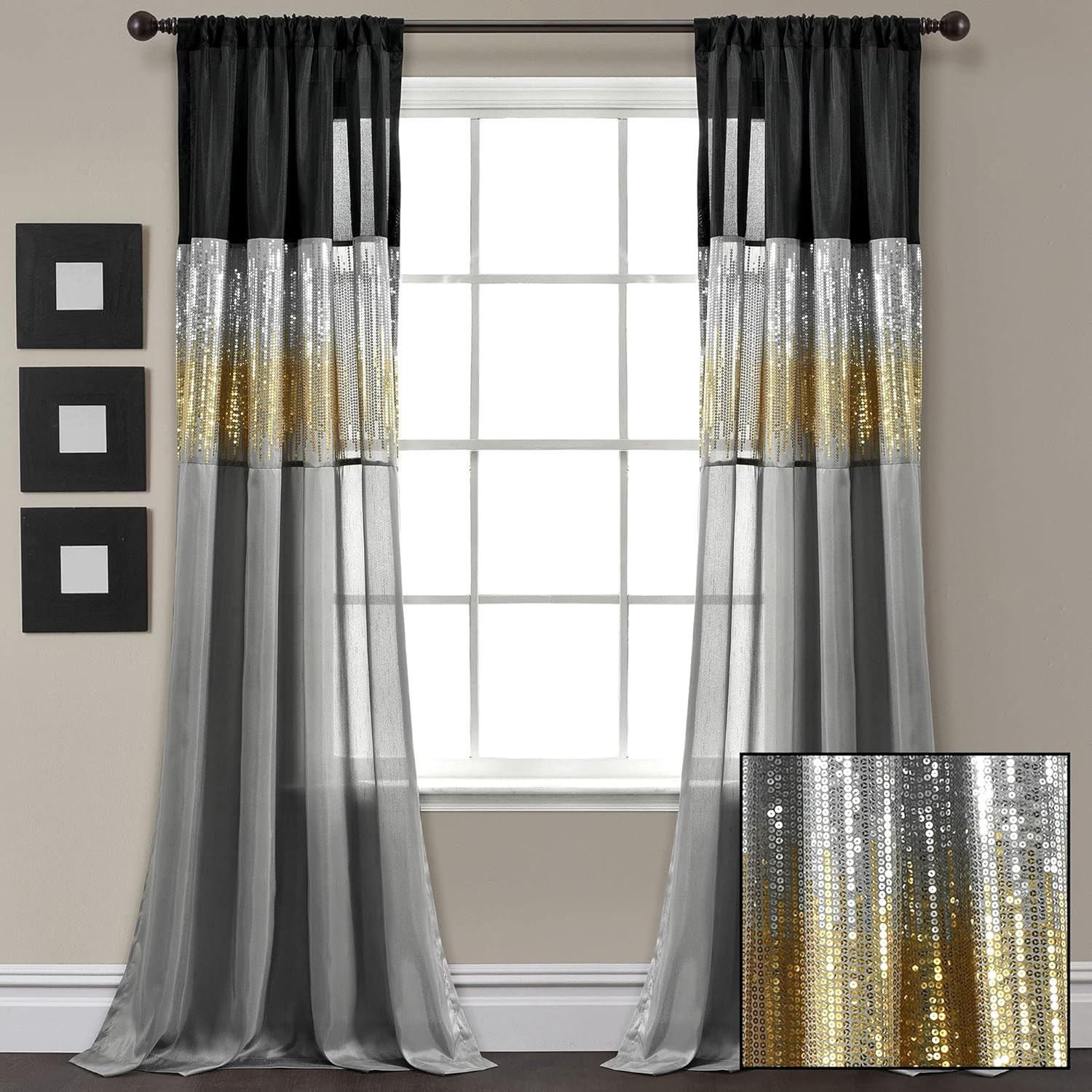 Night Sky Window Curtain Panel, Single, 42″ W X 95″ L, Black & Gray- Sequin Curt