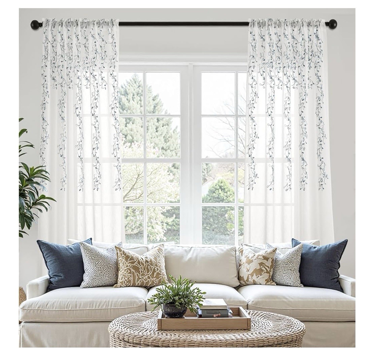 Sheer Curtains Embroidered Floral Vine, 52″W x 96″L (Pack of 2) Blue