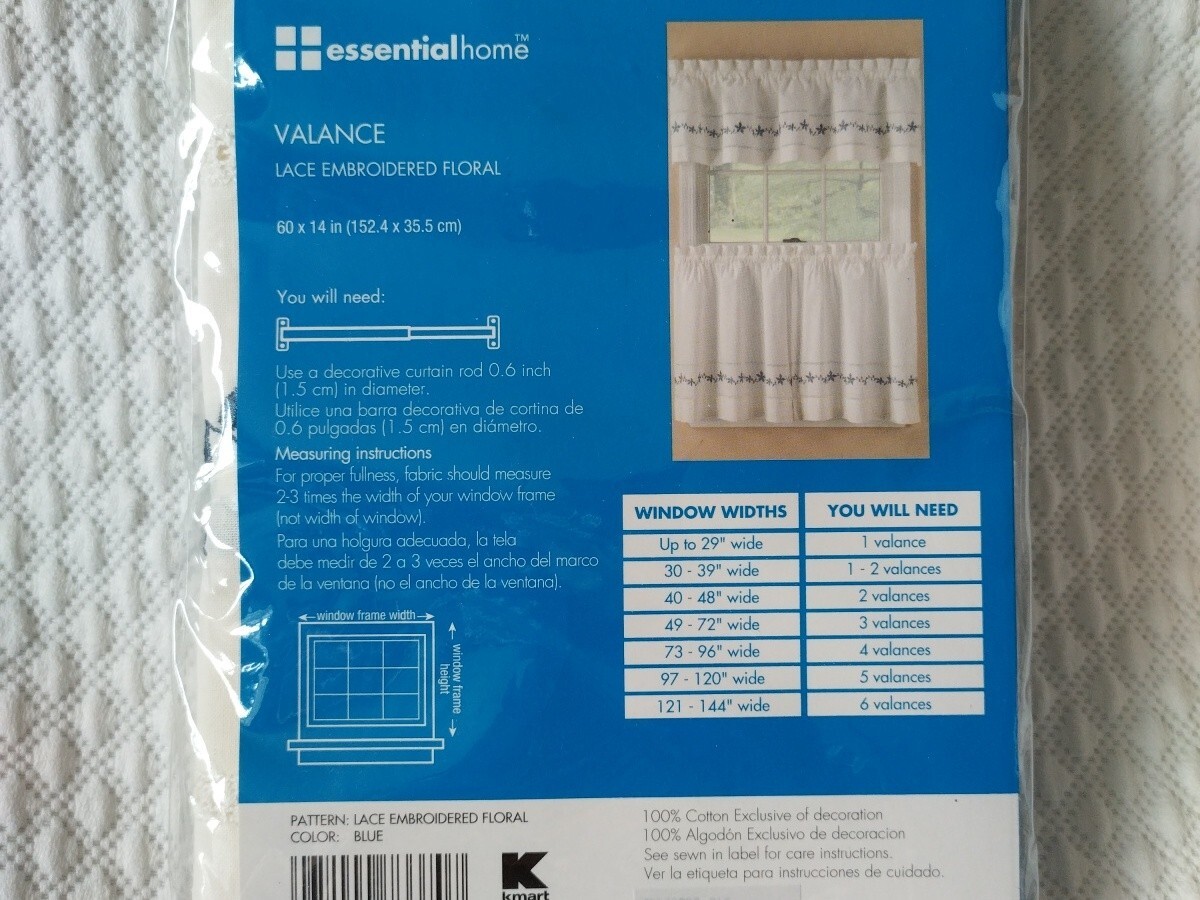 EssentialHome Valance &Tier Pair Lace Set Embroidered Floral Country Blue Ivory