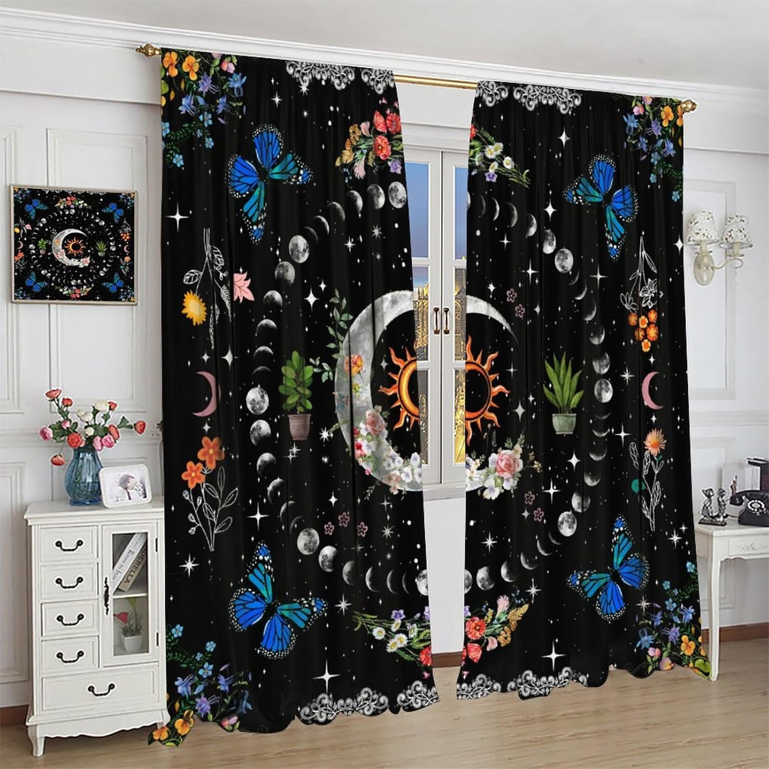 Moon Butterfly Curtains for Bedroom,Beautiful Night Sky Plant Flower Leaf Bohemi